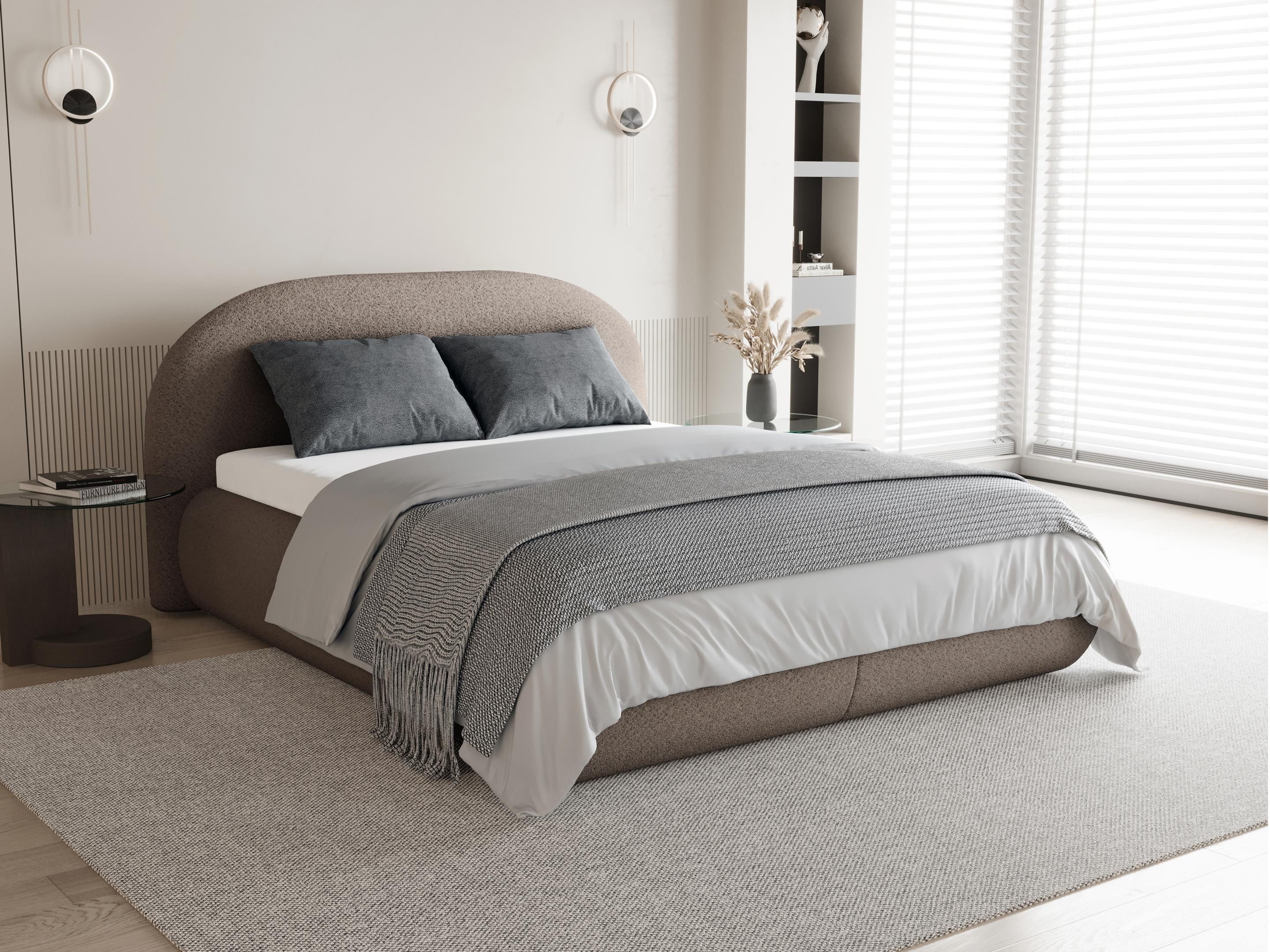 Beautysofa Polsterbett MOTTI mit Bettkasten und gepolstertem Kopfteil (Erhältlich in 3 Breiten: 140, 160 oder 180 cm, mit oder ohne Matratze und Topper), Modischer Bouclé-Stoff in 3 Beigetönen