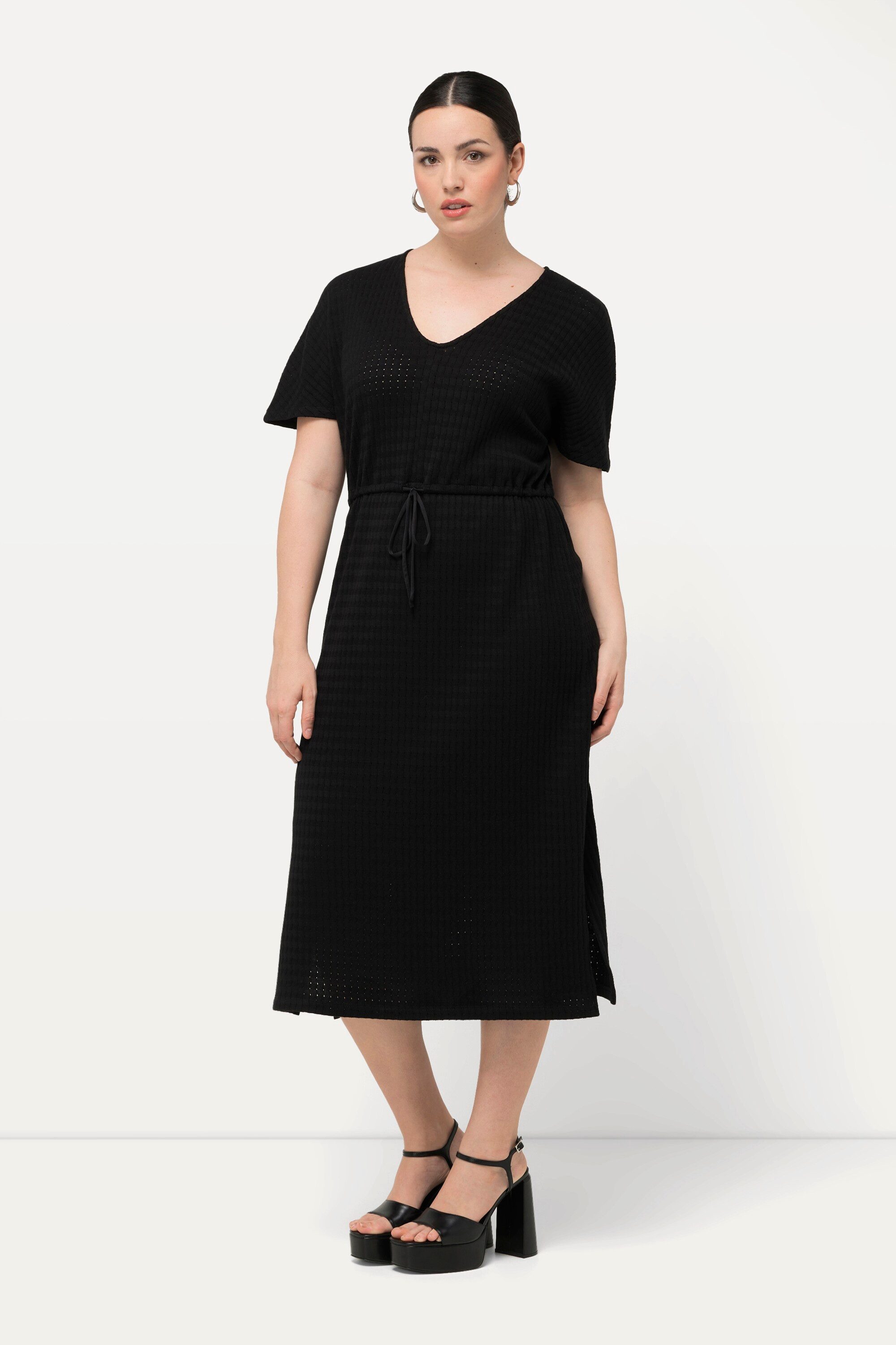 Ulla Popken Maxikleid Midikleid Strukturjersey V-Ausschnitt günstig online kaufen