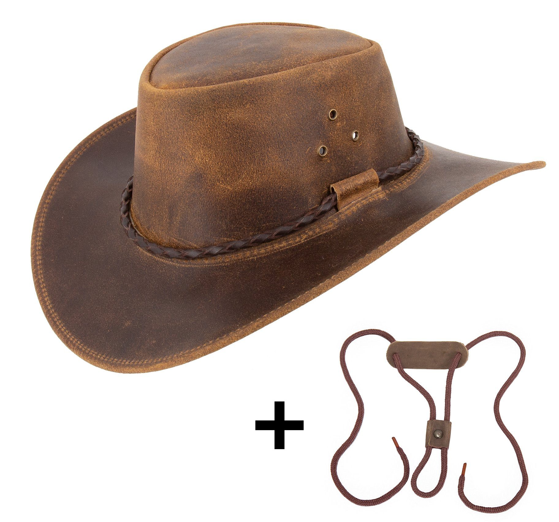 Outdoor mit Cowboyhut Outbacker Style allwettertauglich Kinnband Australien Lederhut