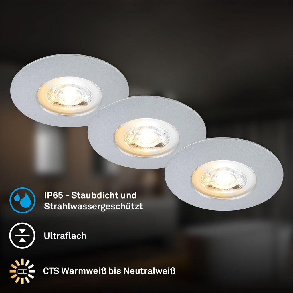 Briloner Leuchten LED Einbaustrahler LED Einbaustrahler 3er Set Schwenkbar CCT IP65, LED fest integriert, 4000K - Neutralweiß, 2700K - Extra-Warmweiß, 3000K - Warmweiß, 90x27 mm, Wohnzimmer, Flur