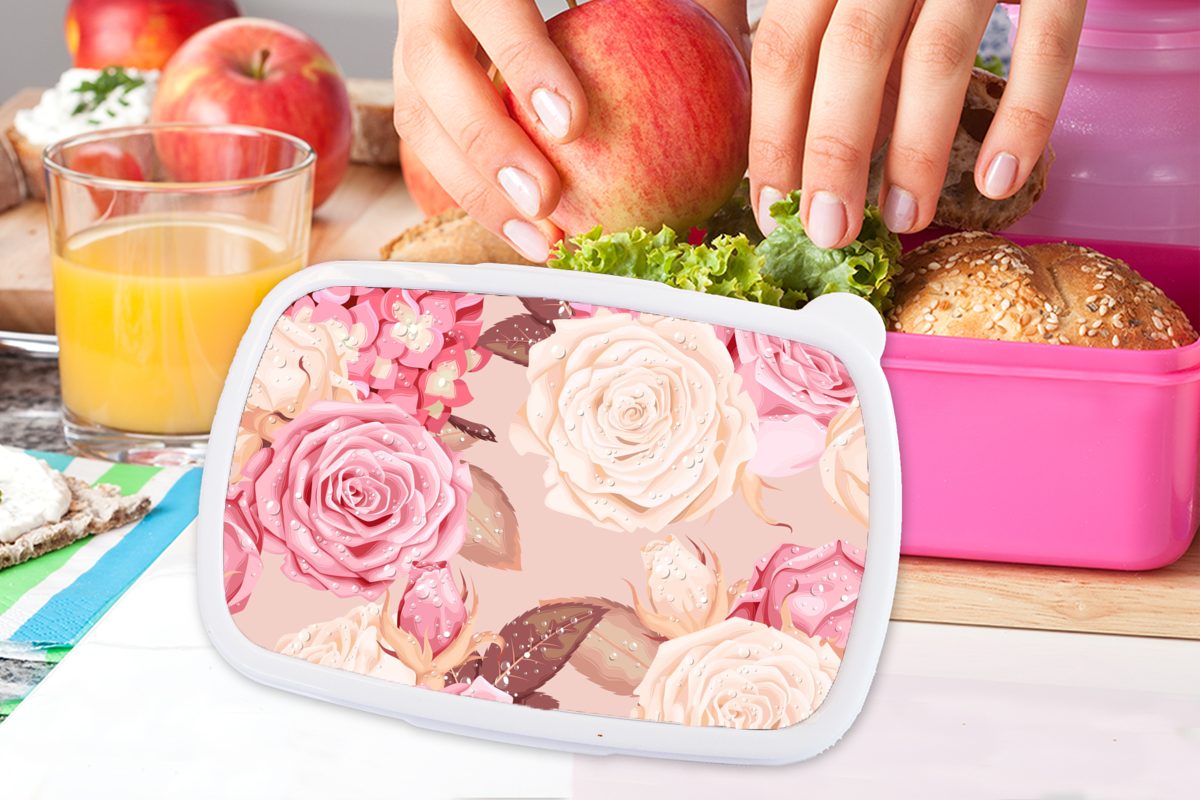 Kinder, Rosen (2-tlg), Erwachsene, MuchoWow Kunststoff für Lunchbox - Brotbox Snackbox, Kunststoff, Brotdose - Collage, Mädchen, Weiß Rosa -