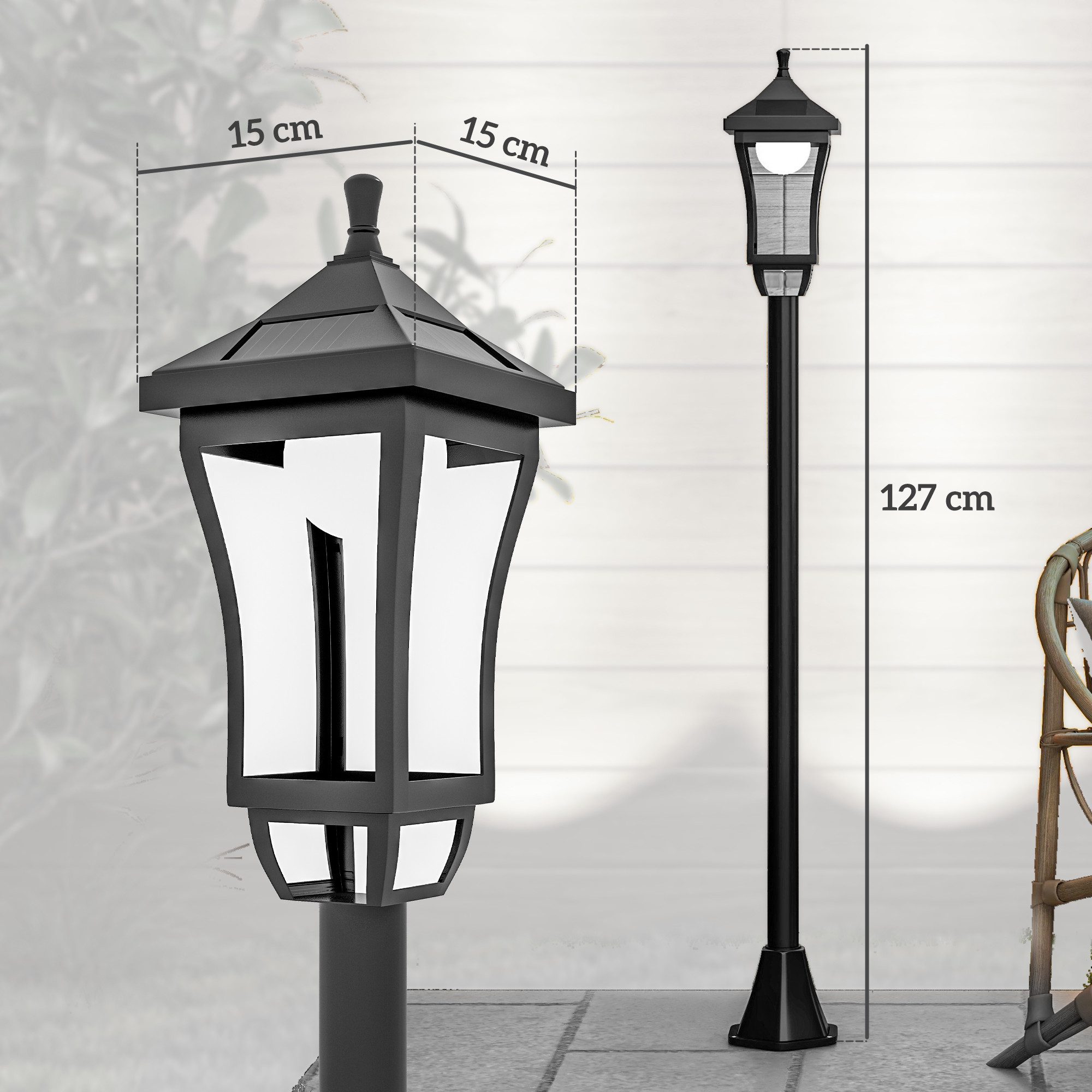Outsunny Außen-Stehlampe mit Kaltweiß LED Licht, Lichtsensor, Solarbetrieben, wetterfest, automatische Ein-,Ausschaltung, LED, Kaltweiß, automatisches Ein- und Ausschalten, Laterne, Schwarz