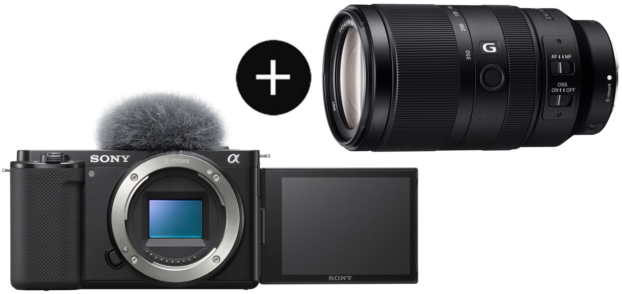Sony Set: SEL70350G Objektiv + ZVE10LBDI Systemkamera (Sony E 70-350mm F4.5-6.3 G OSS, 24,2 MP, Bluetooth, WLAN, Spiegellose Vlog-Kamera 4K-Video, Echtzeit-Augen-Autofokus)