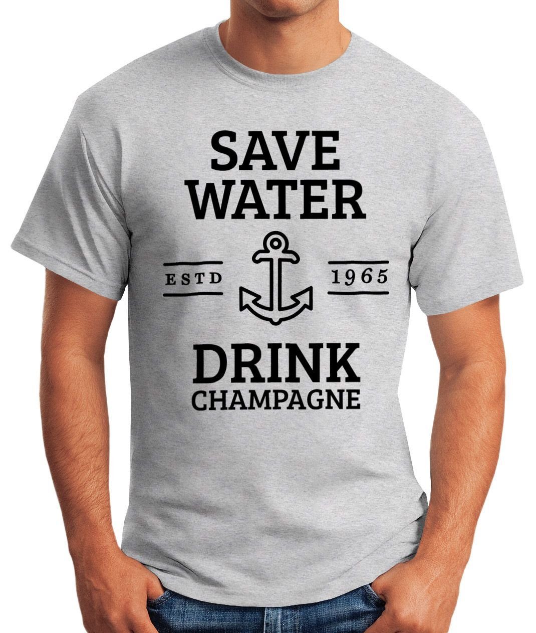 drink mit grau T-Shirt Fun-Shirt Moonworks® Save Champagne Print-Shirt MoonWorks Herren water Print