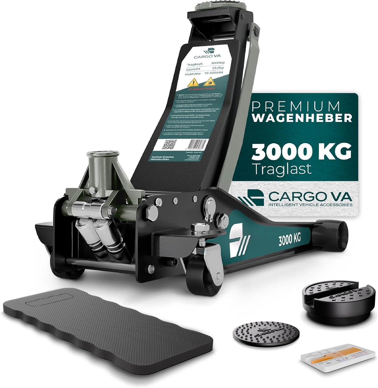 CargoVA® Тролейбусний домкрат Домкрат 3T hydraulisch, 75–505 mm, SUV & Tiefergelegt, Profi-Set, max. Hubhöhe: 50,5 cm, 1-tlg., 3 T Tragkraft, 75–505 mm Hubhöhe, Doppelkolben, Profi-Set, geprüft
