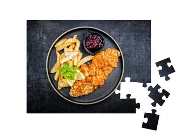 puzzleYOU Puzzle Wiener Schnitzel mit Pommes und Preiselbeersauce, 48 Puzzleteile, puzzleYOU-Kollektionen Essen und Trinken