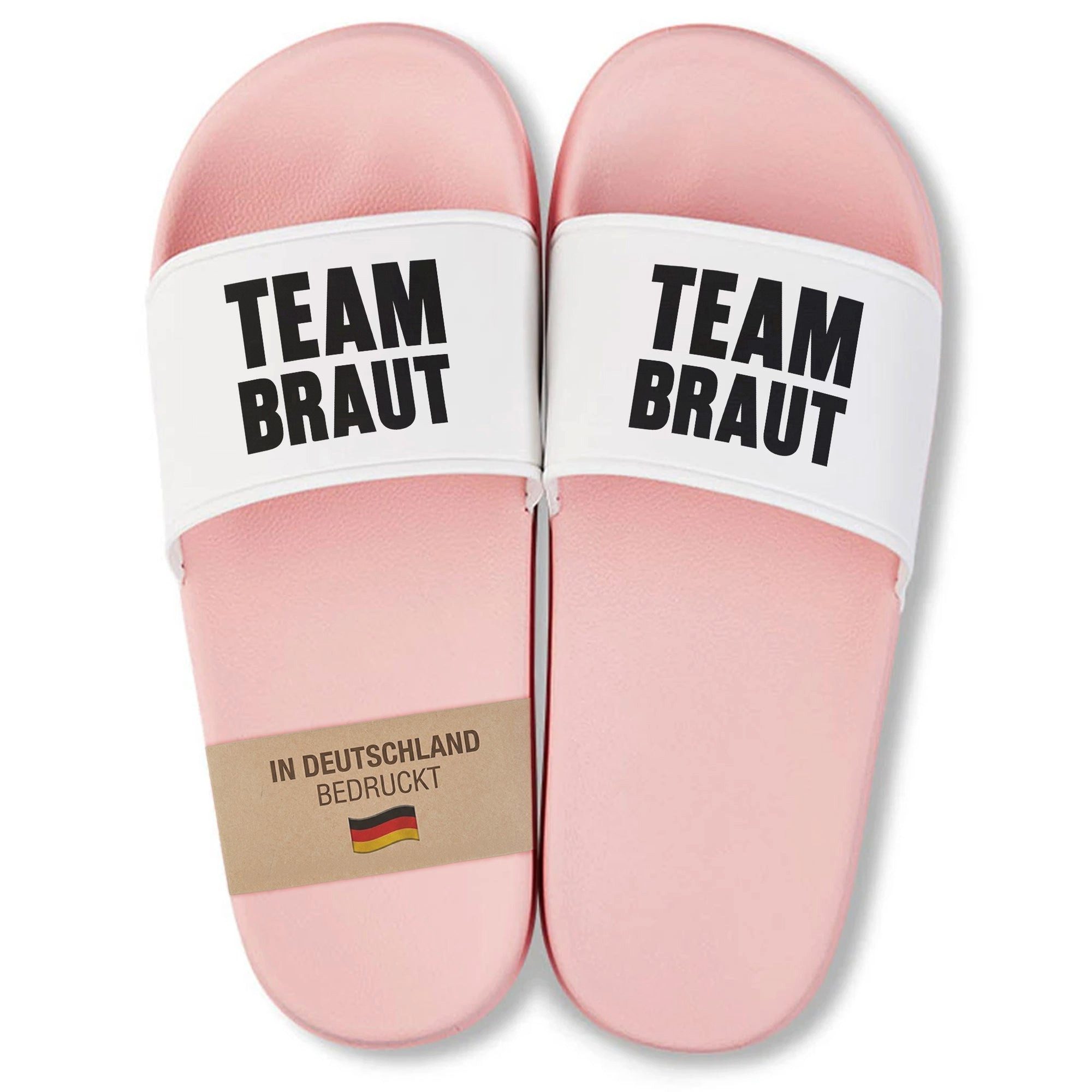 22Feels Team Braut JGA Geschenk Badelatschen Pink für Frauen Damen Urlaub Badepantolette IN DEUTSCHLAND BEDRUCKT