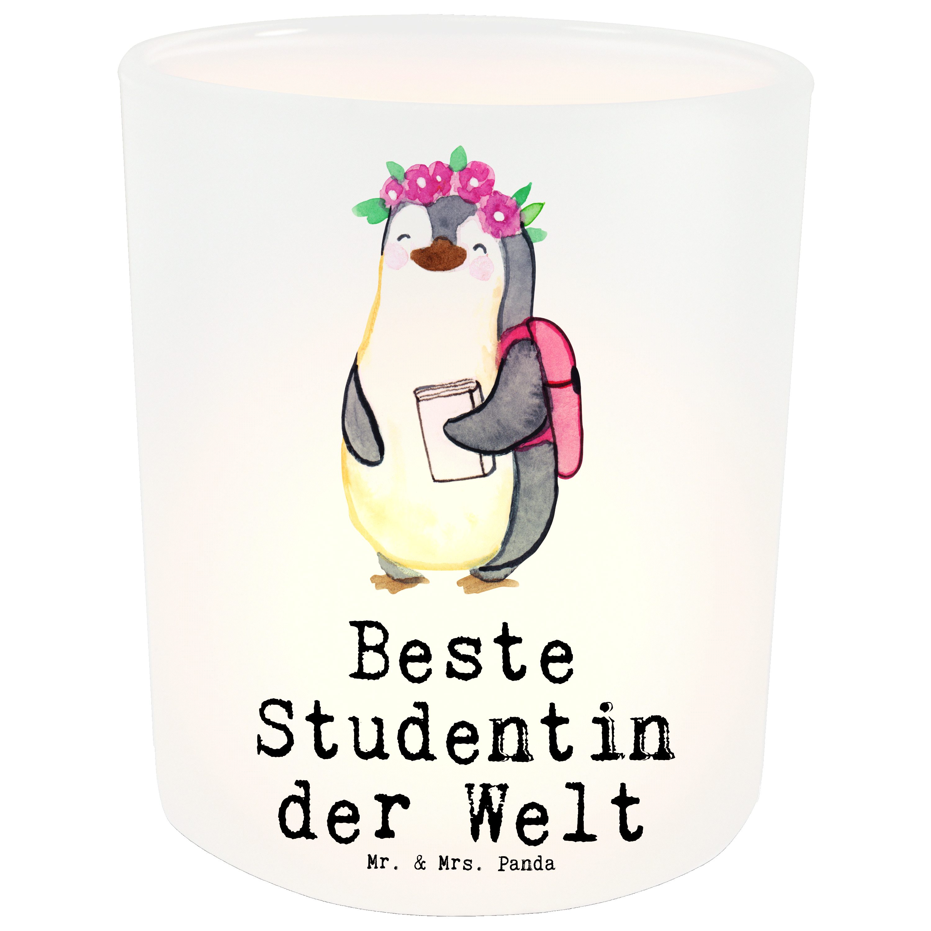 Mr. & Mrs. Panda Windlicht Pinguin Beste Studentin der Welt - Transparent - Geschenk, Schenken, (1 St)