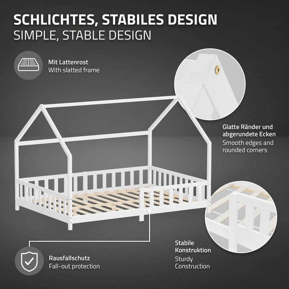 ML-DESIGN Spielbett Hausbett Kinderbett inkl. Lattenrost kreativ Bodenbett für Kinder, Abenteuerbett zum Spielen mit Rausfallschutz Kiefer Weiß Himmelbett