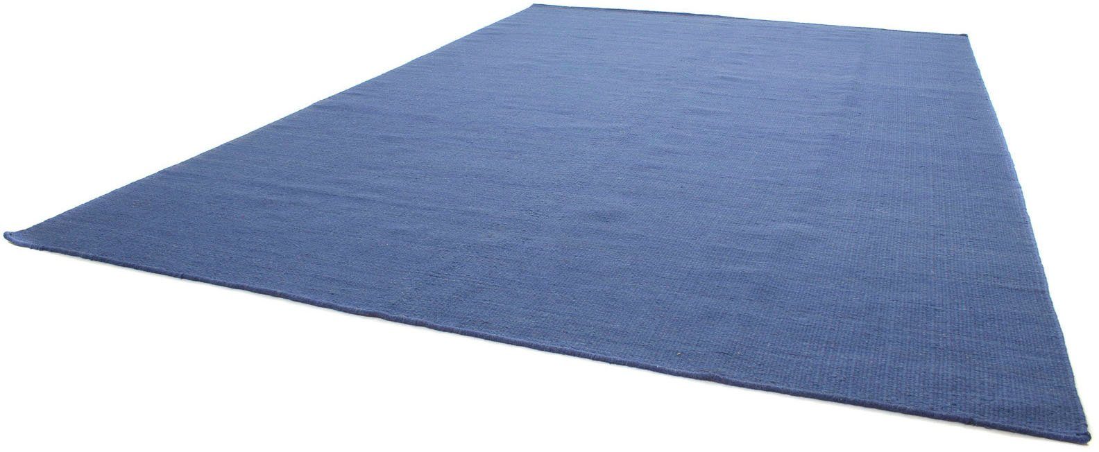 Wollteppich KELIM FANCY UNI, morgenland, rechteckig, Höhe: 7 mm, reine Wolle, Wendbar, Einfarbig, Uni, Wohnzimmer blau