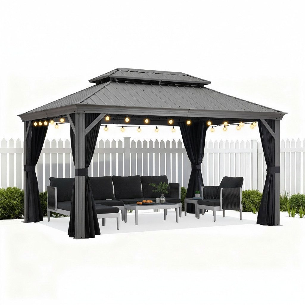 PURPLE LEAF Pavillon Hardtop Alu Gartenpavillon mit Seitenteilen und LED Lichterketten, Winterfester und wasserdichter Pavillon