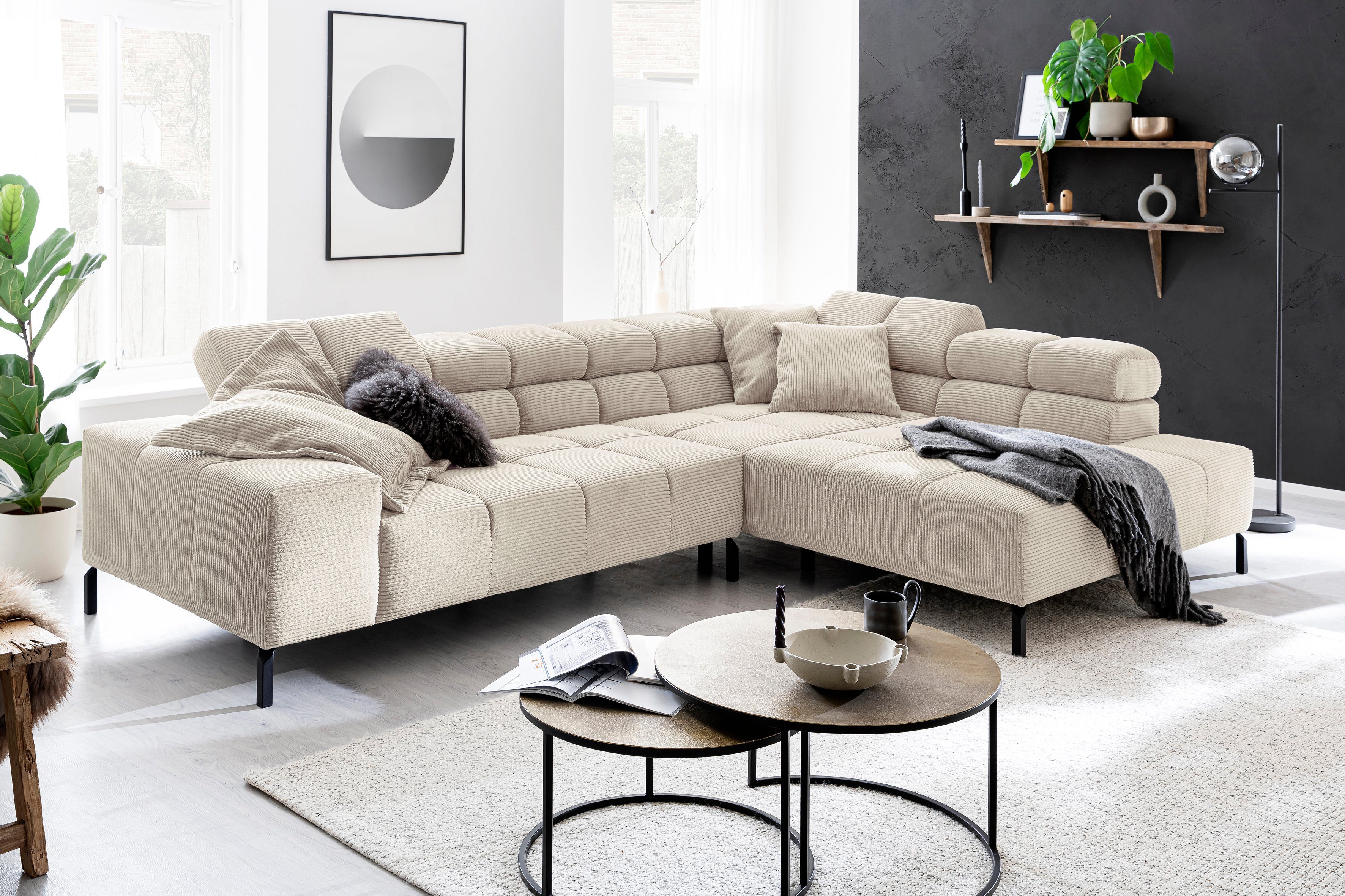 Home affaire Ecksofa Ancona New, wahlweise motorische Sitztiefenverstellung, auch in Cord, feine Steppung, mit Kopfteilverstellung, 3 Zierkissen, L-Form