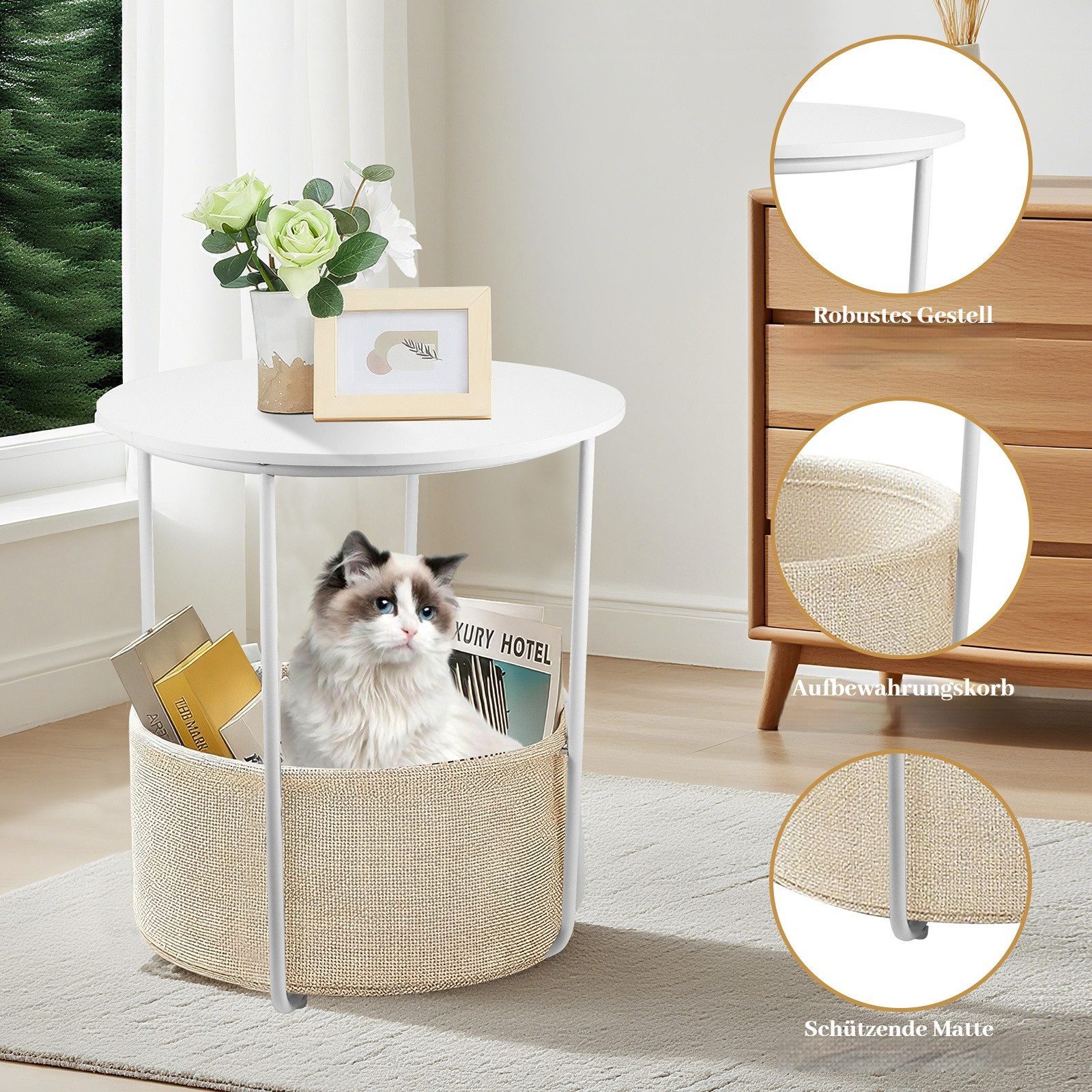 BlingBin Beistelltisch Runder kleiner Allzwecktisch in Weiß mit Stoff-Aufbewahrungskorb (1 Stück, 1-St., 45*45*50cm), Couchtisch & Nachttisch für Wohnzimmer und Schlafzimmer