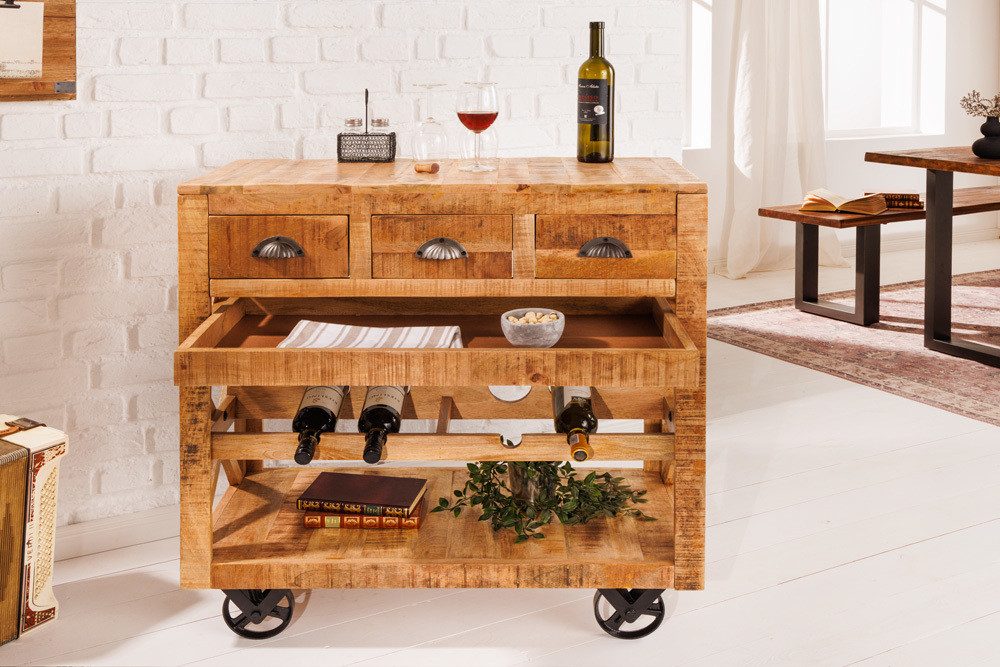 riess-ambiente Servierwagen BODEGA 86cm natur / schwarz, (Einzelartikel, 1 St), Küche · Massivholz · mit Weinregal · Barschrank