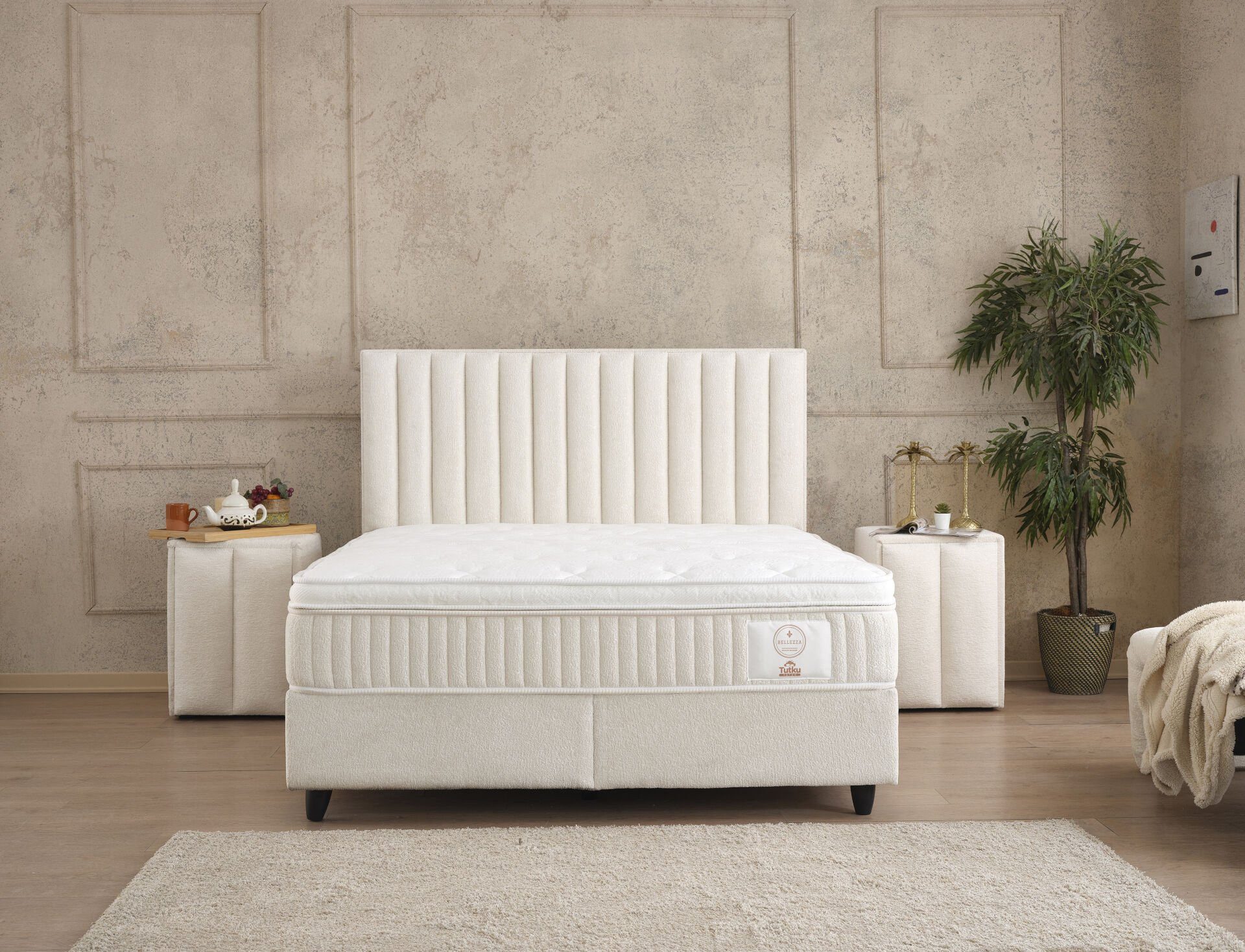 gowoll Boxspringbett 180 x 200 Beige mit Matratze und gepolstertem Kopfteil Luxus bett (Kostenlose Lieferung, gepolstertes Kopfteil + Taschefederkern Matratze + 2 Bettkästen), Doppelbett gepolstertes Kopfteil Bett mit Bettkasten