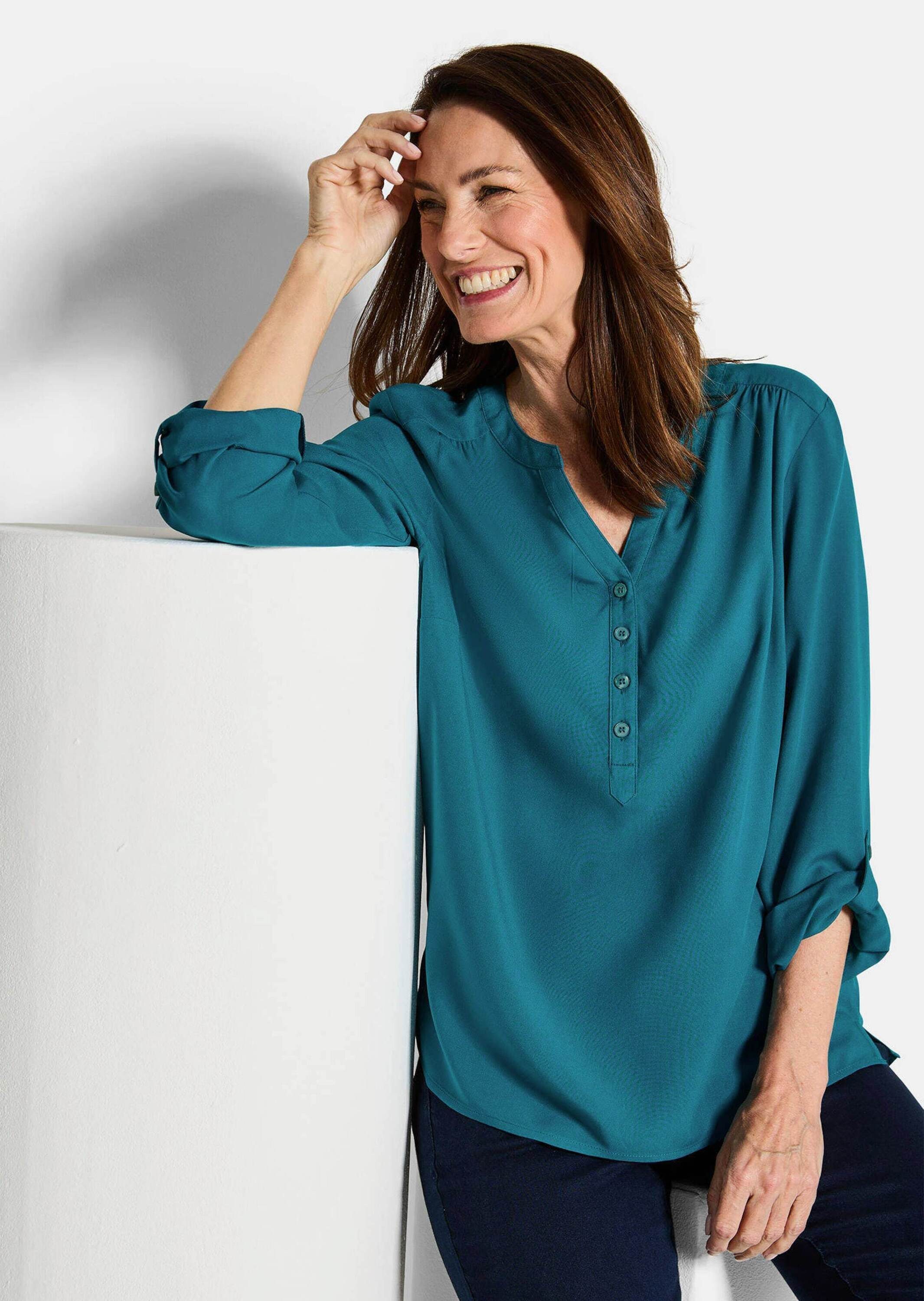 GOLDNER Schlupfbluse Elegante Viskosebluse mit V-Ausschnitt Luftige Bluse mit Fältchen, Knopfleiste und Langarm