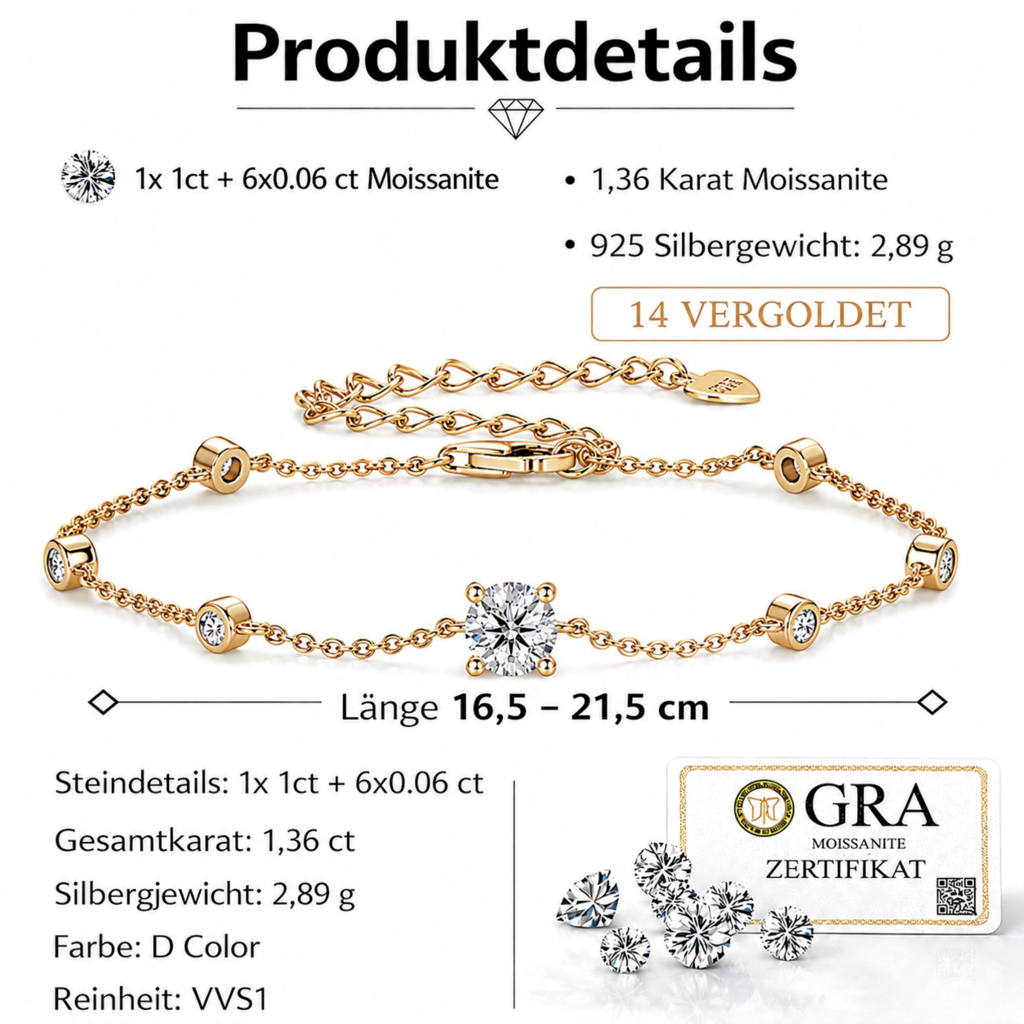 UNIQAL.de Silberarmband Damen 925 Sterling Silber mit Diamant Moissanit 1,36 Karat – SOLITAIRE (Silberarmband mit 7 Moissanit Steinen in klassischer Diamantopti – Bild 2 von 5