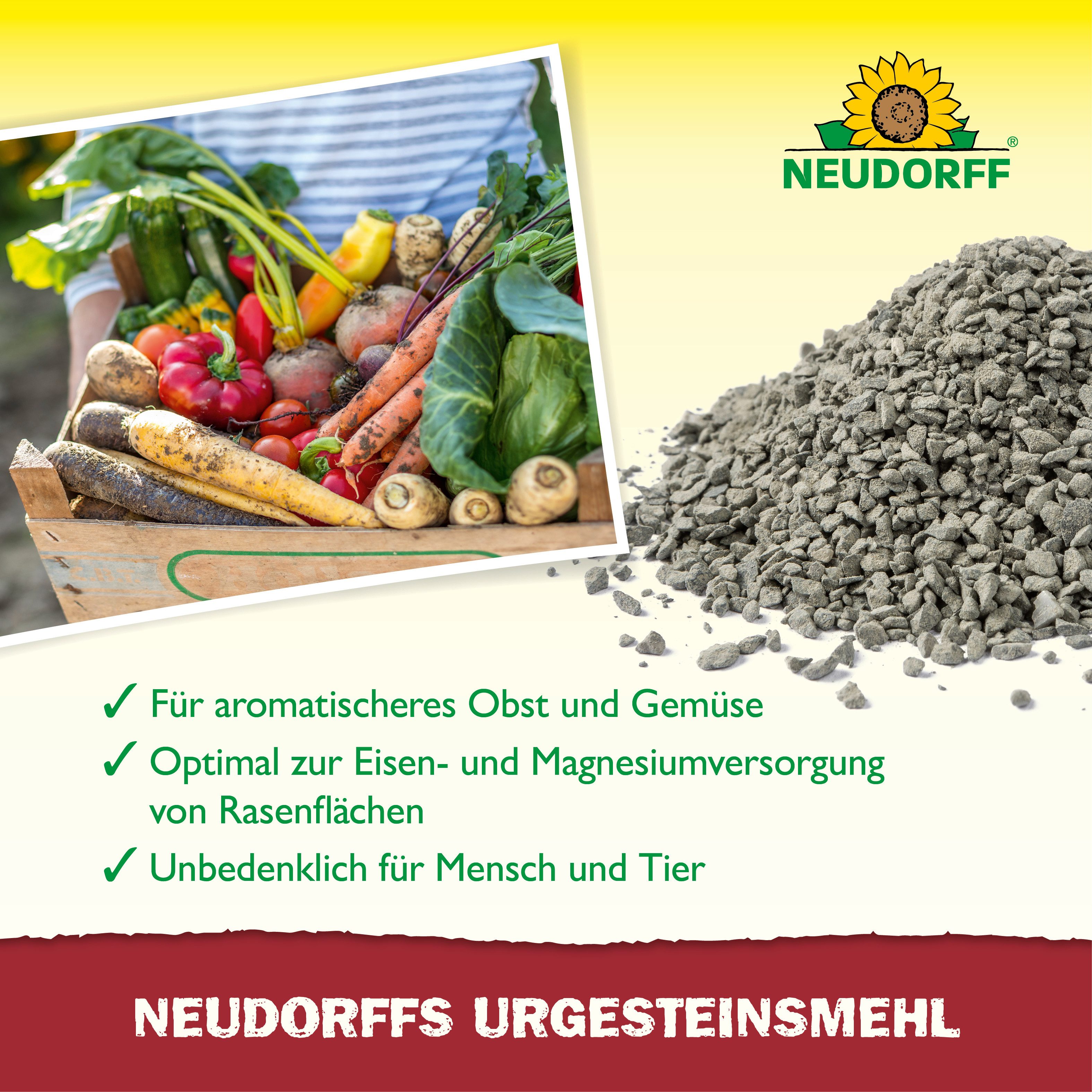 Neudorff Bodenverbesserer UrgesteinsMehl 10 kg, Zur Remineralisierung und Verbesserung ausgelaugter Böden, Bodenhilfsstoff für Garten, Rasen & Kompost bis 100 m², Füllt den Mineralstoff- & Spurenelementespeicher des Bodens auf