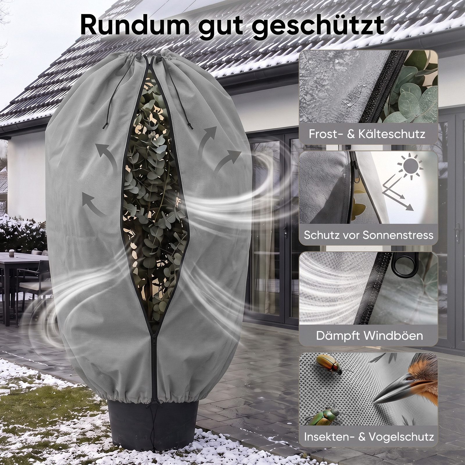 Sekey Winterschutzhaube Winterschutz für Pflanzen Frostschutz Haube mit 2 Zugbändern (2-St), Grau, 80x100cm Vlieshülle, Pflanzenabdeckung mit doppeltem Zugband – Bild 5 von 5