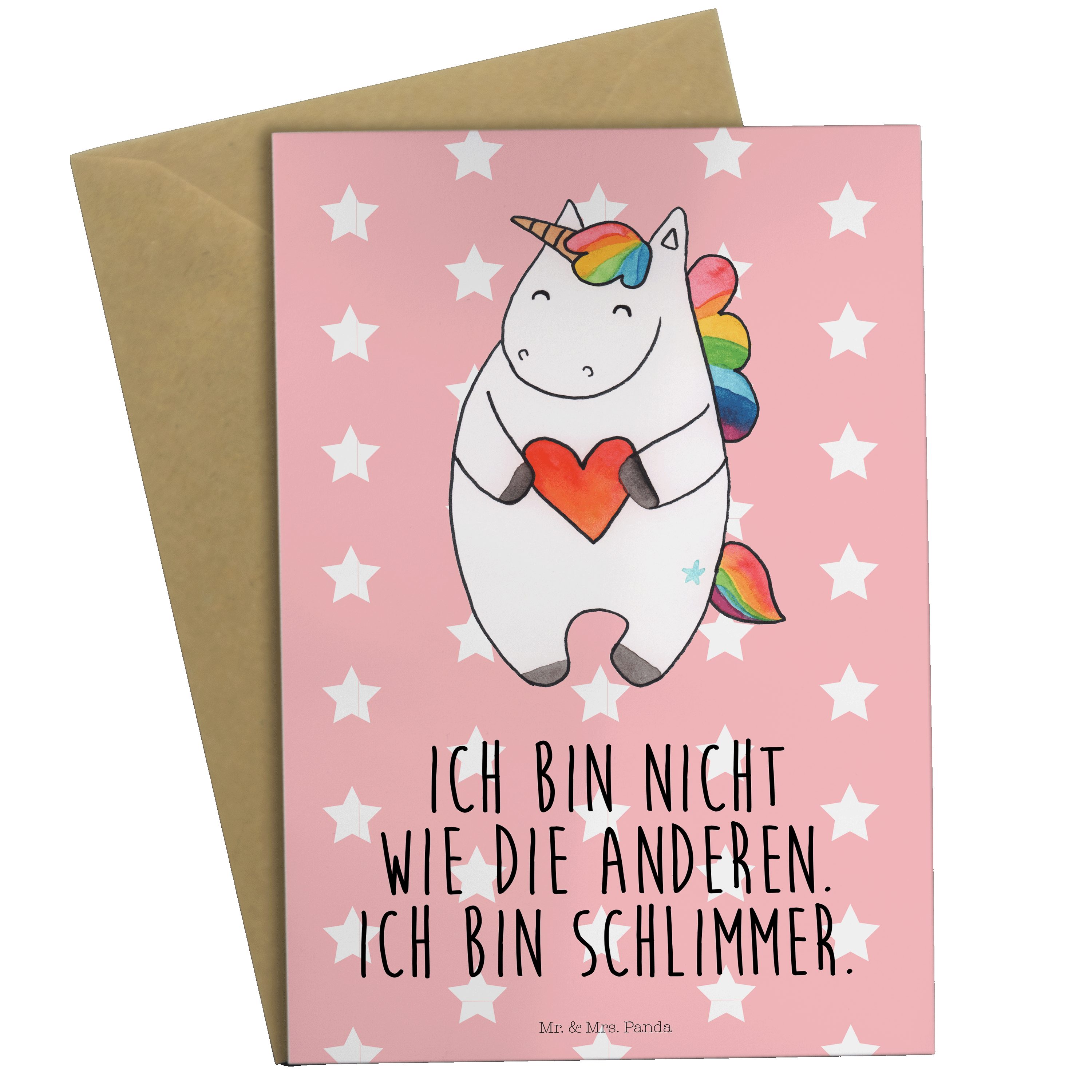 Mr. & Mrs. Panda Grußkarte Einhorn Herz - Rot Pastell - Geschenk, Unicorn, Klappkarte, Einladung