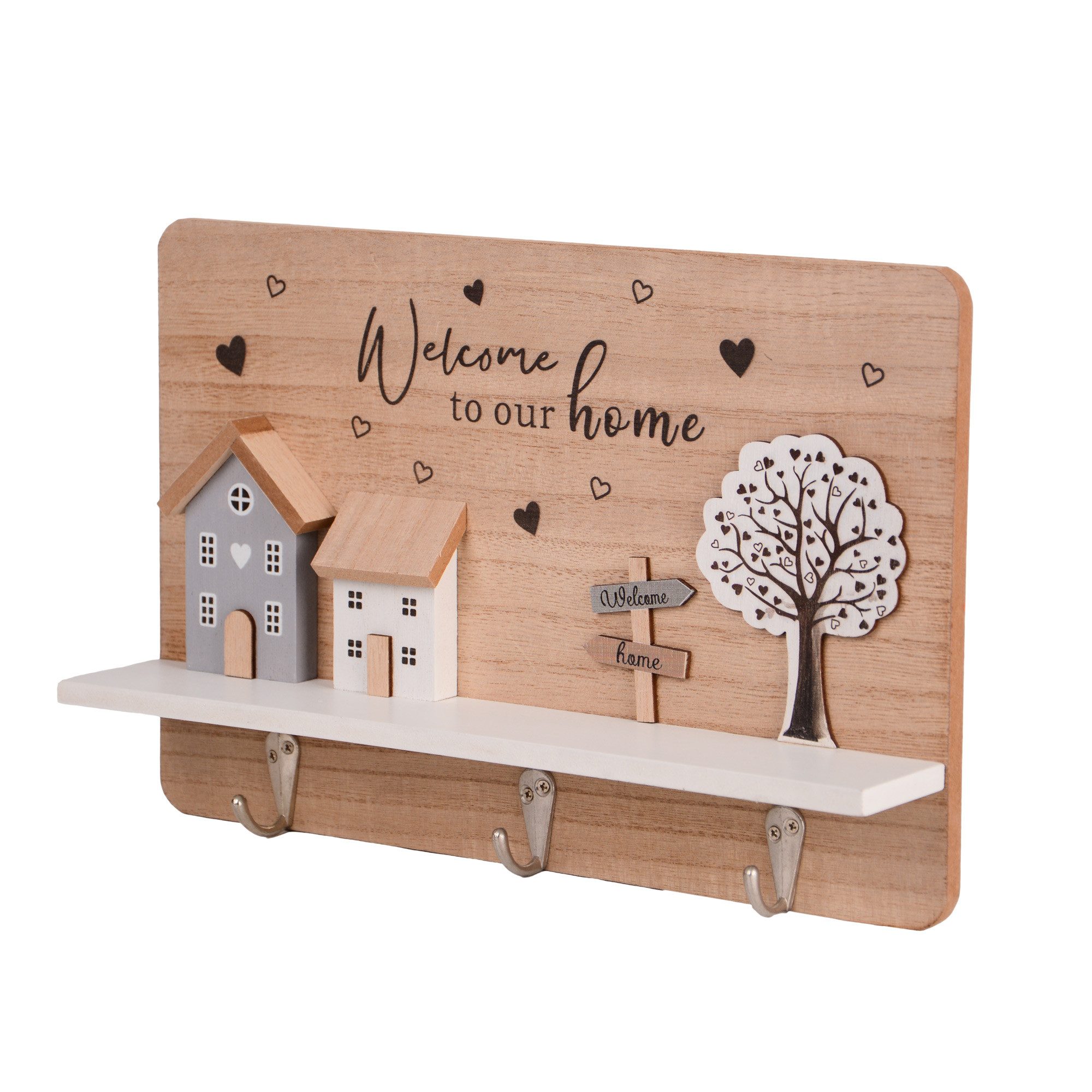 UNUS HOME Wanddekoobjekt Schlüsselhalter Schlüsselbrett (naturfarben), Liebevolles Holzdesign, 3 Haken, „Welcome to our Home“-Motiv, robust. – Bild 4 von 5