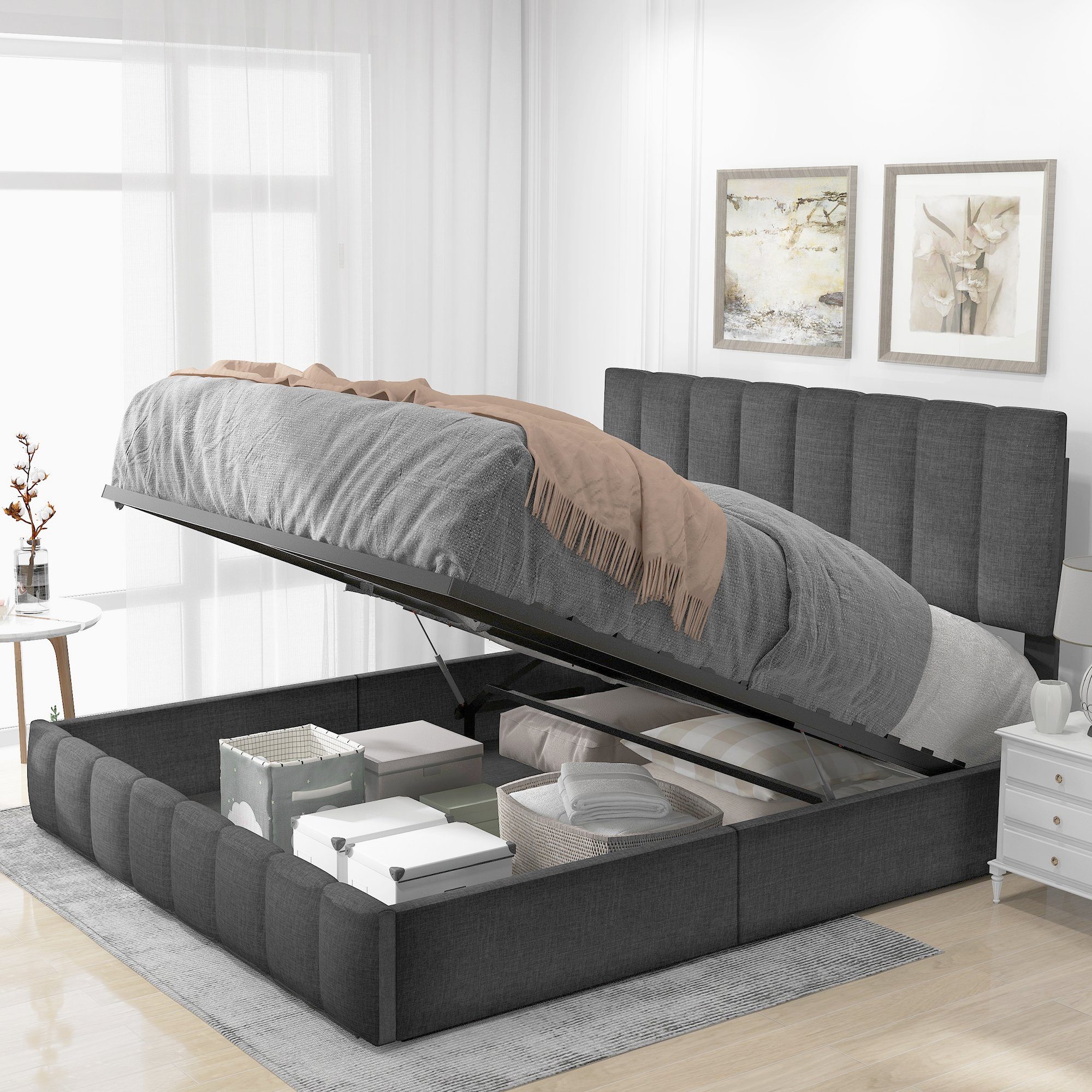 Boxspringbett (Hydraulisches Funktionsbett Polsterbett mit Lattenrost), 140 x 200 cm Doppelbett, Verstellbares Kopfteil, Grau Leinen