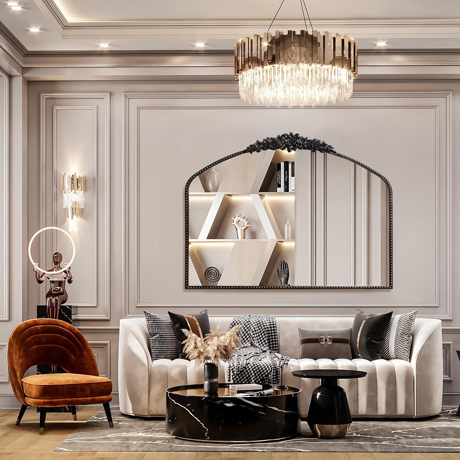 G-LEAF Wandspiegel Bogen-Wandspiegel im Barockstil, Metallrahmen mit Perlenverzierung (1-St), für Eingangsbereich, Badezimmer oder Schlafzimmer, Vintage-Schwarz – Bild 4 von 5