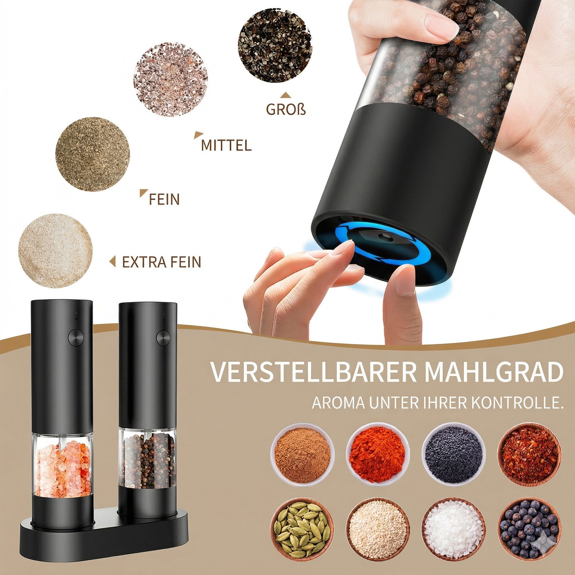 Forrlite Salz-/Pfeffermühle Pfeffermühle elektrisch, Gewürzmühle elektrisch 2er Set (Wiederaufladbar, LED Beleuchtung, mit einstellbarem Keramikmahlwerk, Reinigungsbürste Bürste), Einhandbedienung, Mahlgrad Einstellbar