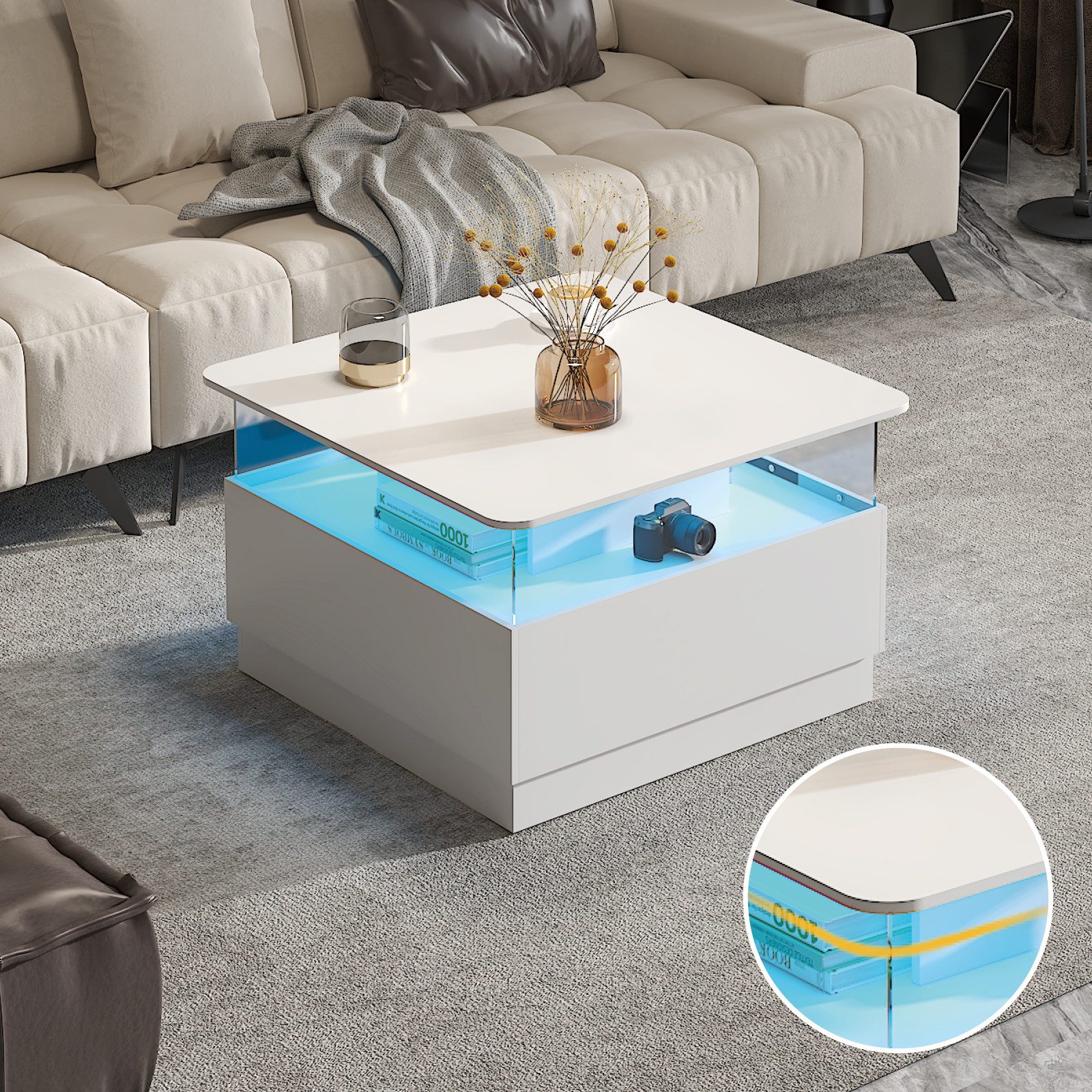 radelldar Couchtisch quadratisch mit LED-Beleuchtung und 2 Acryltüren-Schubladen (1-St), Wohnzimmertisch Beistelltisch, 78x78x48cm – Bild 4 von 5