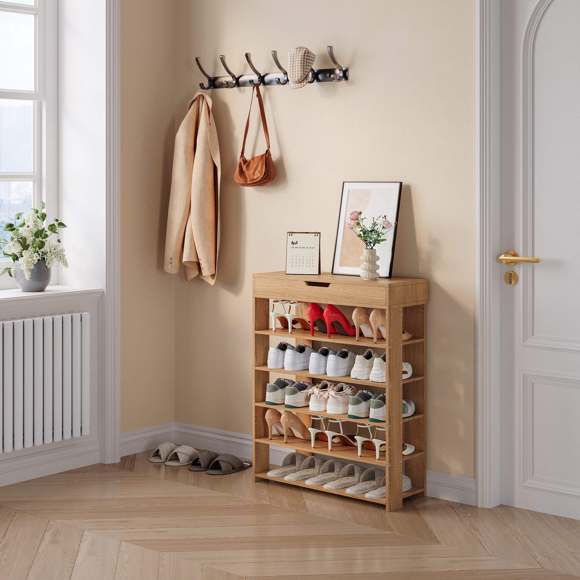en.casa Schuhregal, »Boppeelo« mit Schublade 94 x 75 x 30 cm 5 Ablagen Sonoma-Eicheoptik
