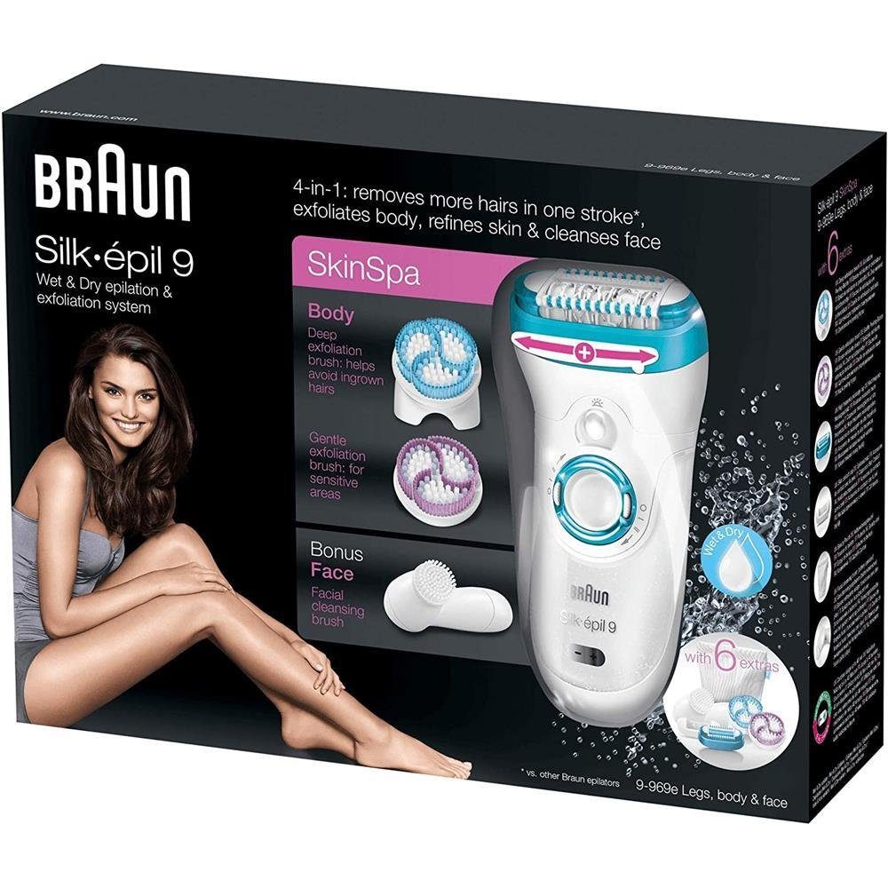 Epilierer Dry Gesichtsreinigung Peelingaufsatz 3 SkinSpa Silk-Epil 9 & Wet Braun Set, Epilierer St., + + Aufsätze: