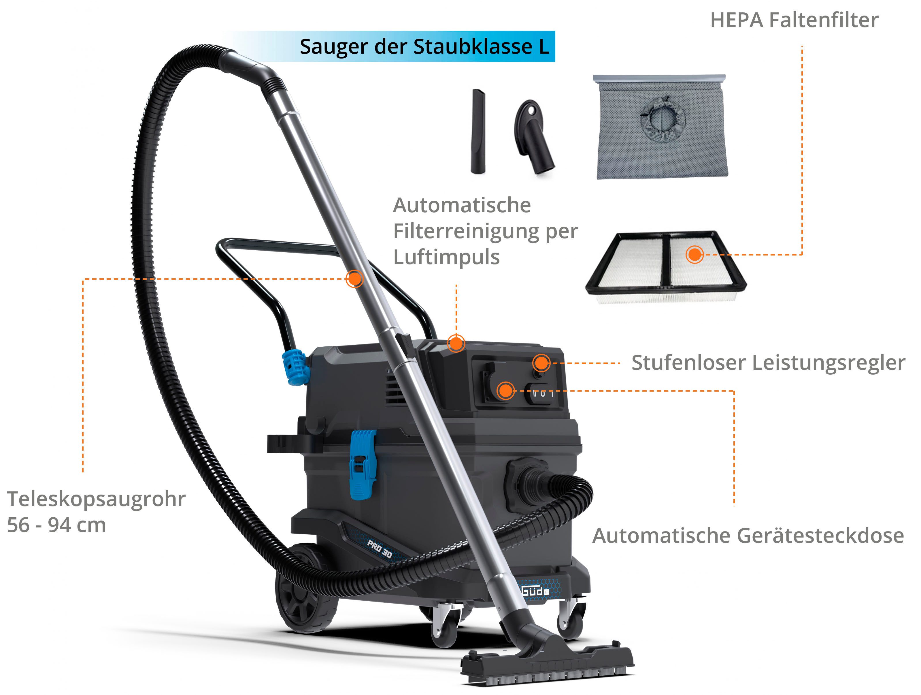 Güde Nass-Trocken-Sauger Pro 30, 1800 W, beutellos, mit Beutel