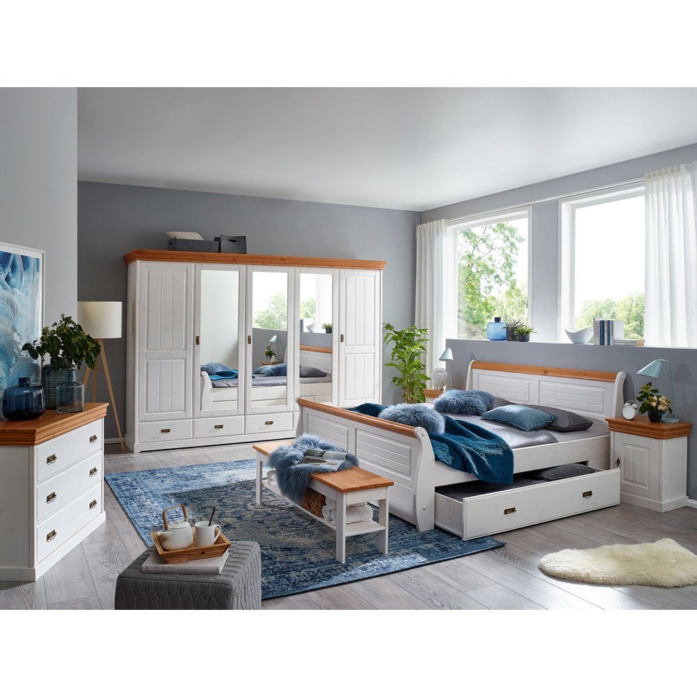 Lomadox Schlafzimmer-Set SAVONA-69, (Spar-Set, 6-St), Kiefer massiv weiß  mit honigfarben, Bett, Schrank, Kommode, Bank