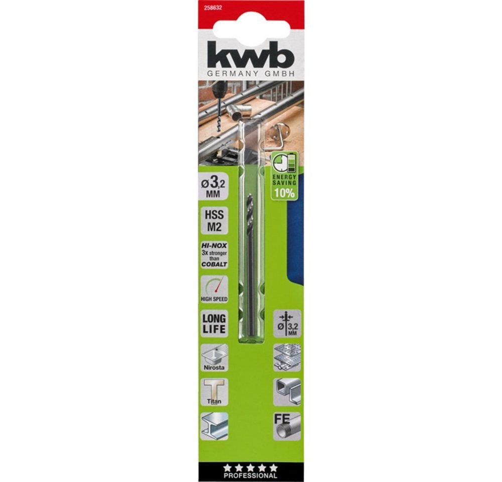 Thumbnail - kwb Metallbohrer kwb 258632 HSS Metall-Spiralbohrer 3.2 mm Gesamtlänge 65 mm M2 DIN 33