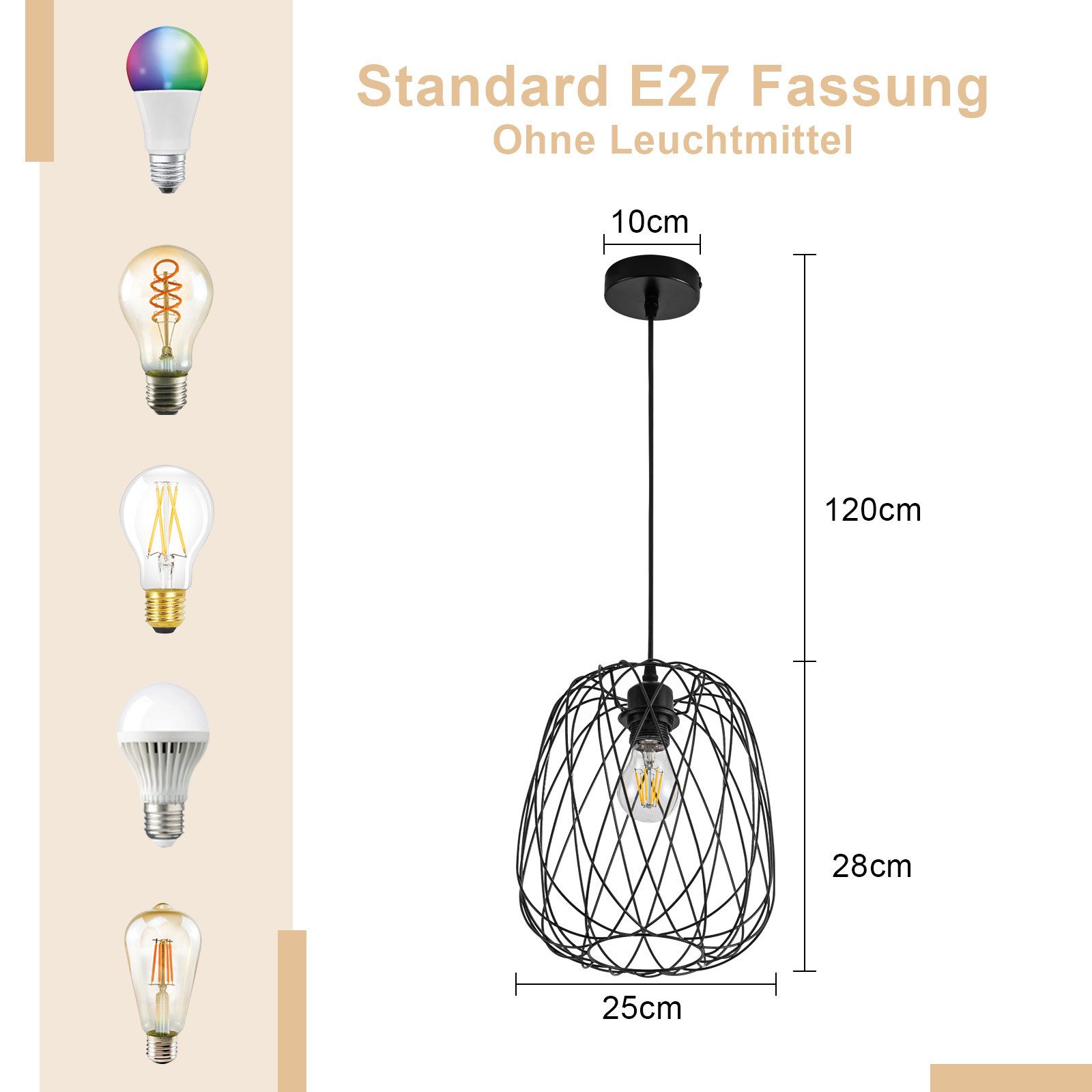ZMH Pendelleuchte Esszimmer 120CM Schwarz Retro Käfig Gitter E27 Hängeleuchte Flur, ohne Leuchtmittel, Ellipsen, 1 Flammig Retro Esstischlampe Wohnzimmer Treppe – Bild 2 von 5