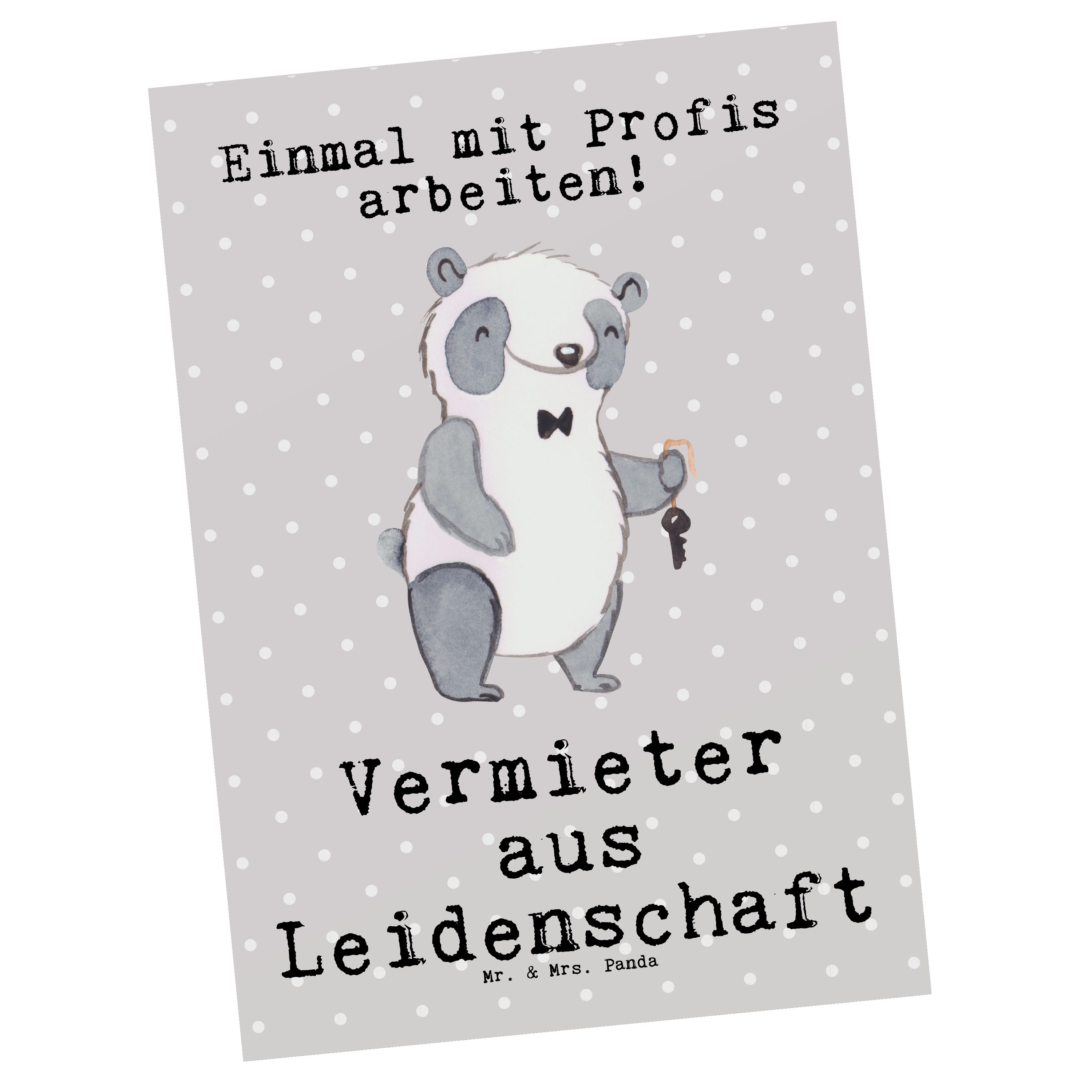 Mr. & Mrs. Panda Postkarte Vermieter aus Leidenschaft - Grau Pastell - Geschenk, Abschied, Einla