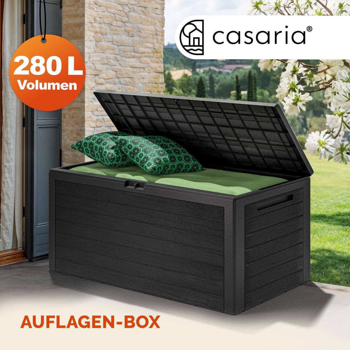 Casaria Auflagenbox Woody, 280L UV-stabil Griffmulden Verschließbar Balkon Holz-Optik Anthrazit