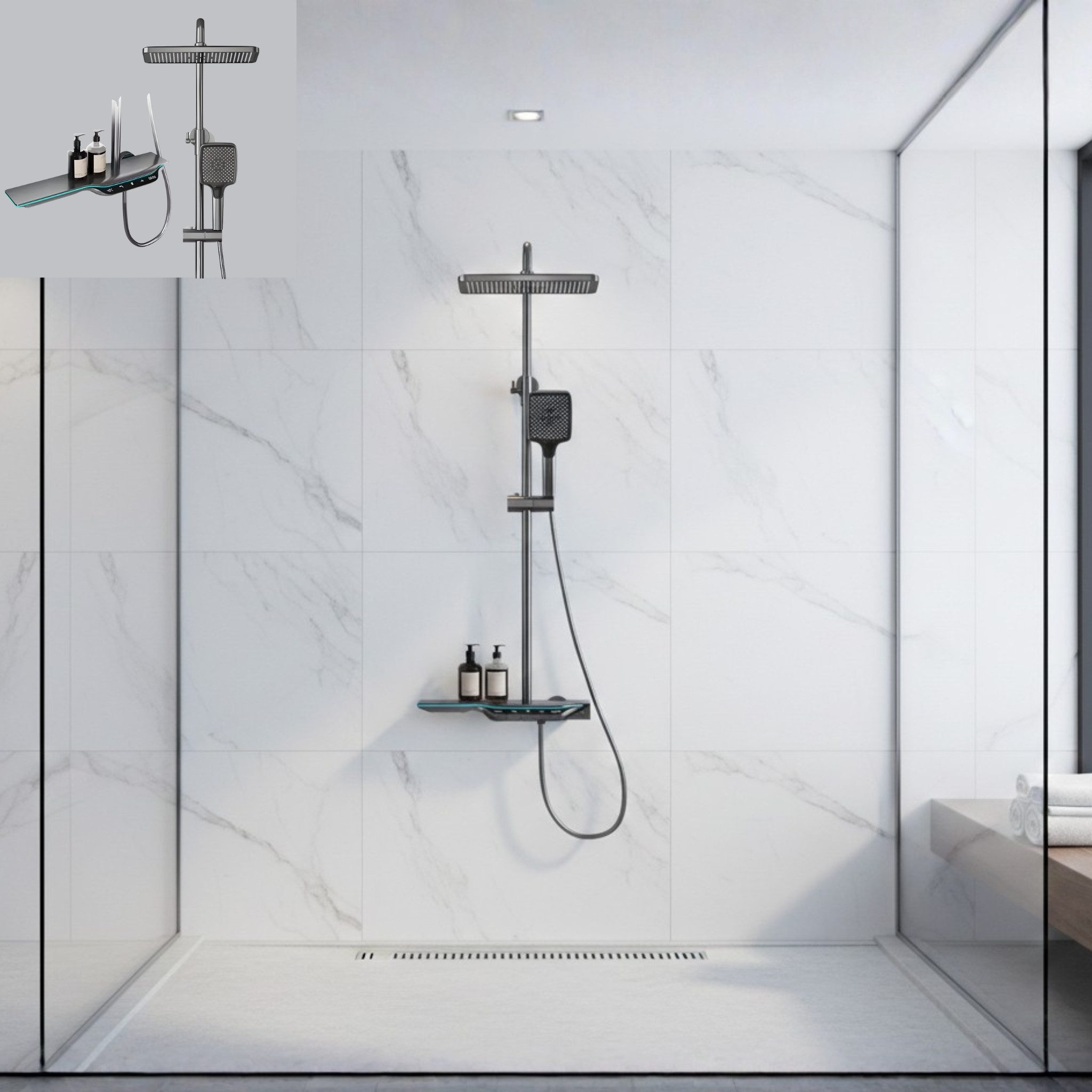 LuxaSteel Duscharmatur Smartes Duschsystem mit LED-Display & Thermostat – Regendusche Set (Komplett-Set, Komplett-Set) Wasserfallauslass, LED-Beleuchtung, internes Wasserkraftwerk