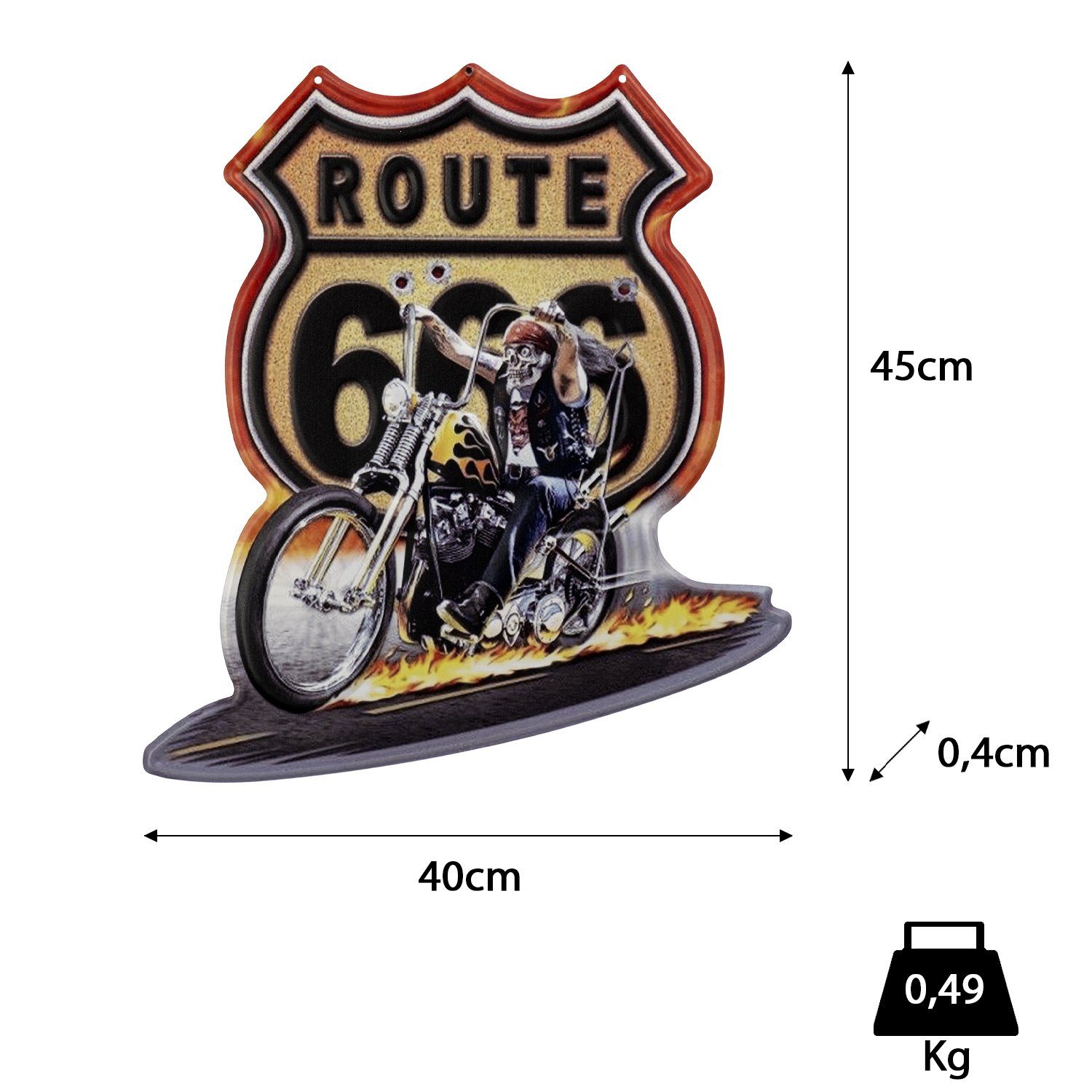 Moritz Metallschild Route 666 Hell Rider Motorrad Flammen, Vintage Retro Deko Schild Metallschild Wandbild Schild