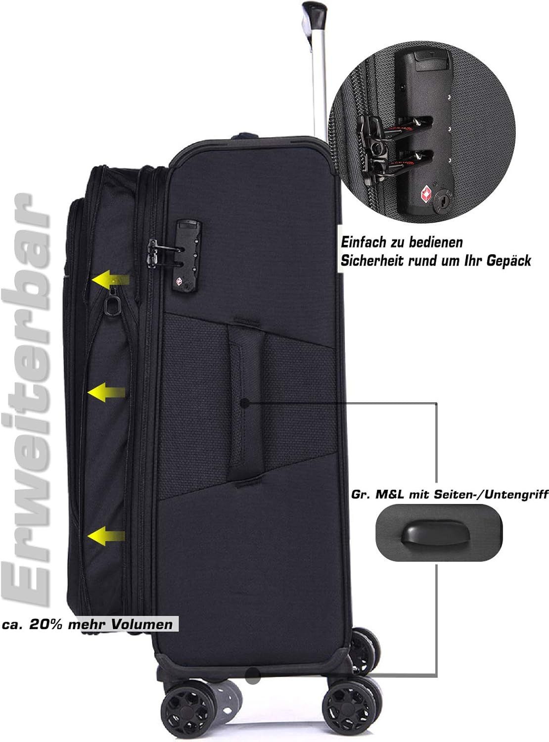 Verage Weichgepäck-Trolley Toledo Weichschalenkoffer Reisekoffer, 4 Rollen, TSA-Schloss, 4 Rollen Trolley Volumenerweiterung bei S/M/L/Sets