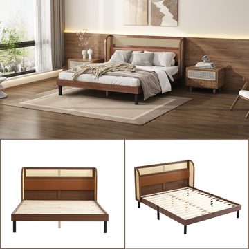 IDEASY Holzbett Rattan-Doppelbett, 160 x 200 cm, Mittelstange, gebogenes Kopfteil, Bodenfreiheit 20,5 cm, maximale Belastbarkeit 200 kg