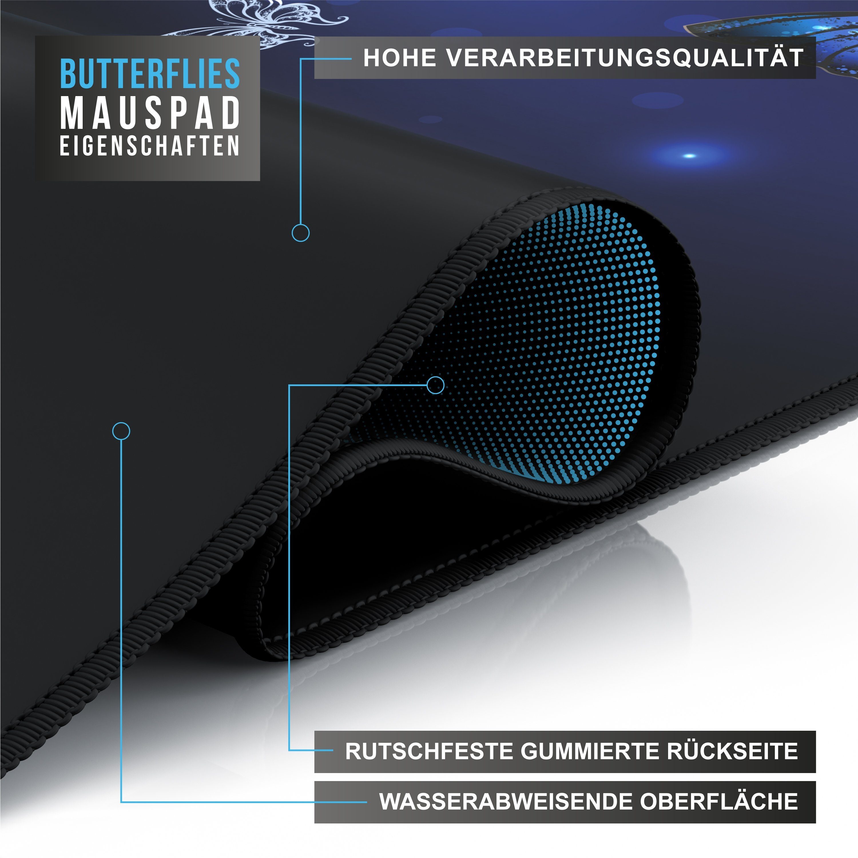 CSL Gaming Mauspad XXL Speed Mousepad 900 x 400 x 3 mm, große Tischunterlage (1-St), rutschfest, abwaschbar, Geschwindigkeit & Präzision, Schmetterlinge – Bild 4 von 5
