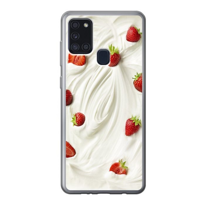 MuchoWow Handyhülle Erdbeere - Joghurt - Rot Handyhülle Samsung Galaxy A21s Smartphone-Bumper Print Handy