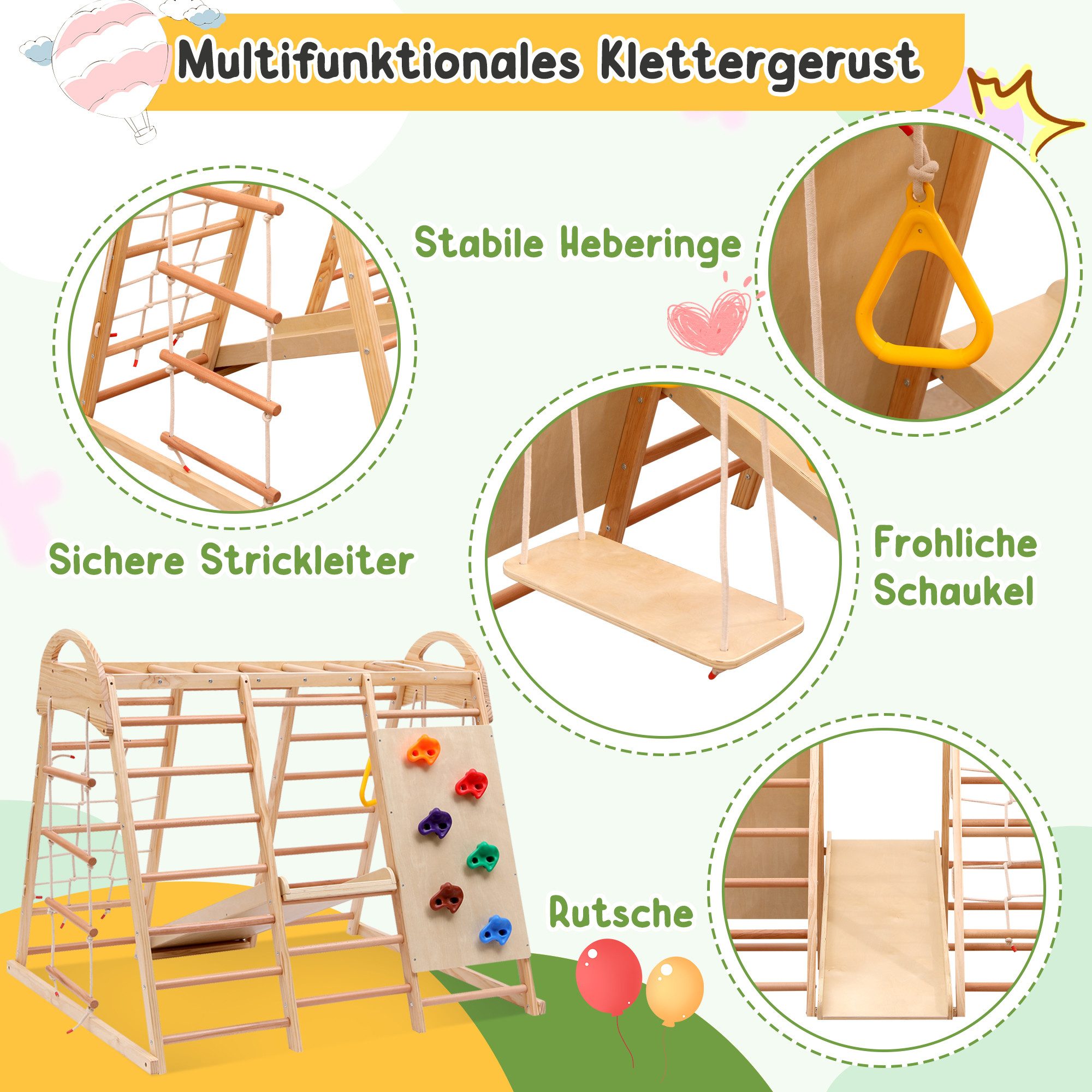 Merax Klettergerüst 8-in-1 Kletterdreieck aus Holz, (Rutschbahn, Schaukel, Leiter, Kletternetz, Ringe), Kletterwand, Indoor-Spielplatz, Spielset