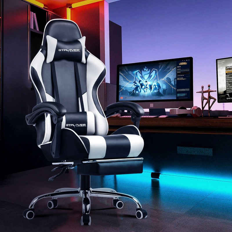 GTPLAYER Gaming-Stuhl mit Fußstütze und Massage-Lendenkissen Bürostuhl Zocker Stuhl, mit Verbindungsarmlehnen bis 150kg belastbar, Hohe Rückenlehne