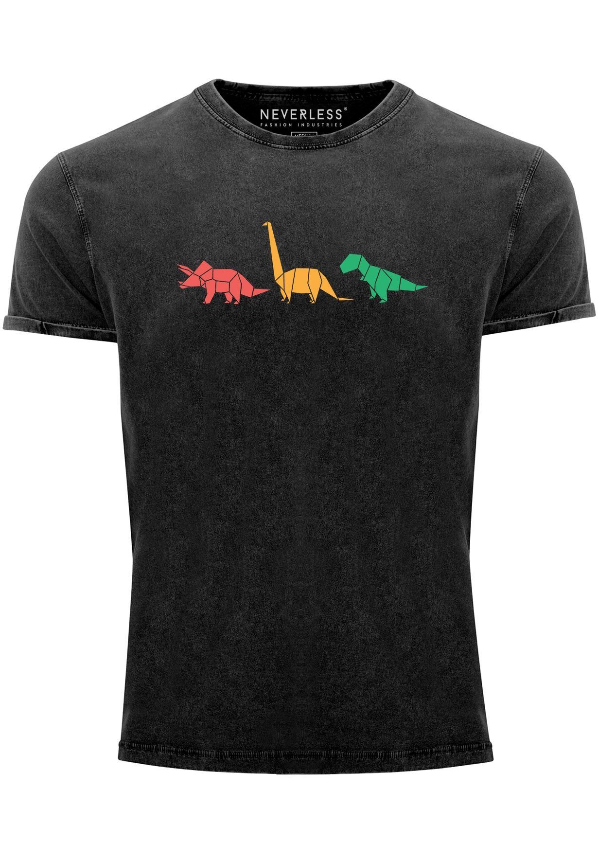 Herren Vintage Polygon Print-Shirt Shirt schwarz Aufdruck Geometric Tiere Print Dinosaurier Neverless mit Prin