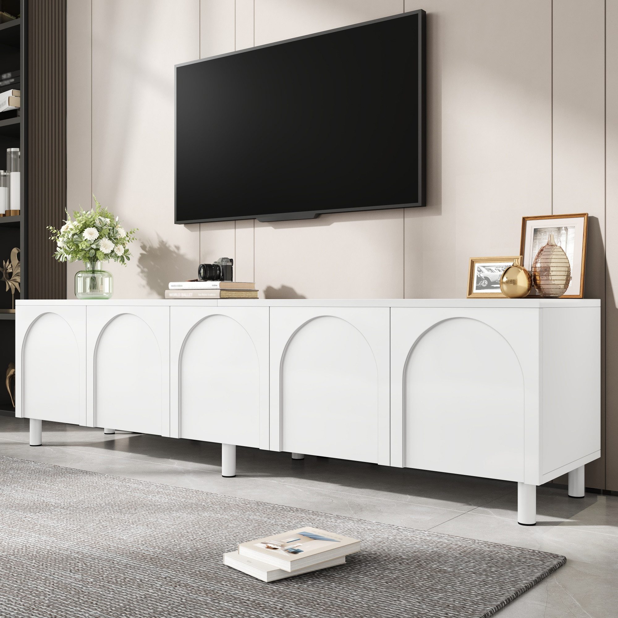 Merax Lowboard Fernsehtisch mit geschwungenem Design (180 x 38 x 45 cm (L x B x H), 1 St), TV-Schrank mit 5 Türen, Metallfüßen & Kabeldurchlass – Bild 4 von 5