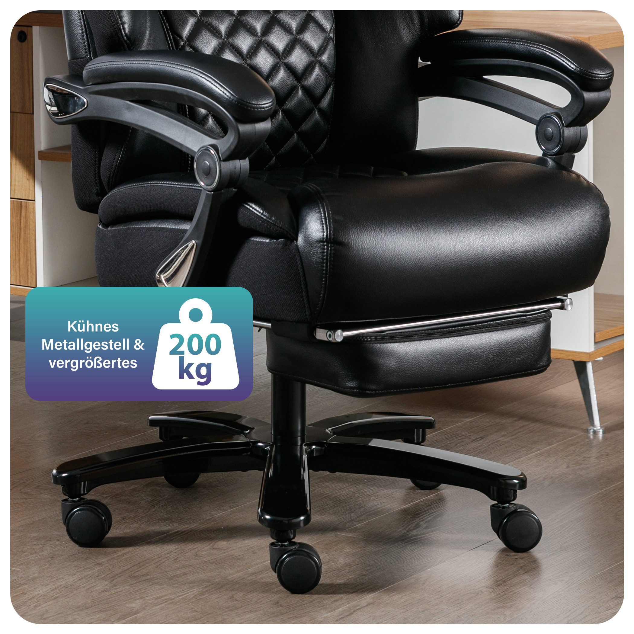 FANTASYLAB Bürostuhl PU-Leder Schreibtischstuhl mit verstellbare Lendenwirbelstützemit (1 St), mit Fußstütze und einstellbare Armlehnen, schwarz