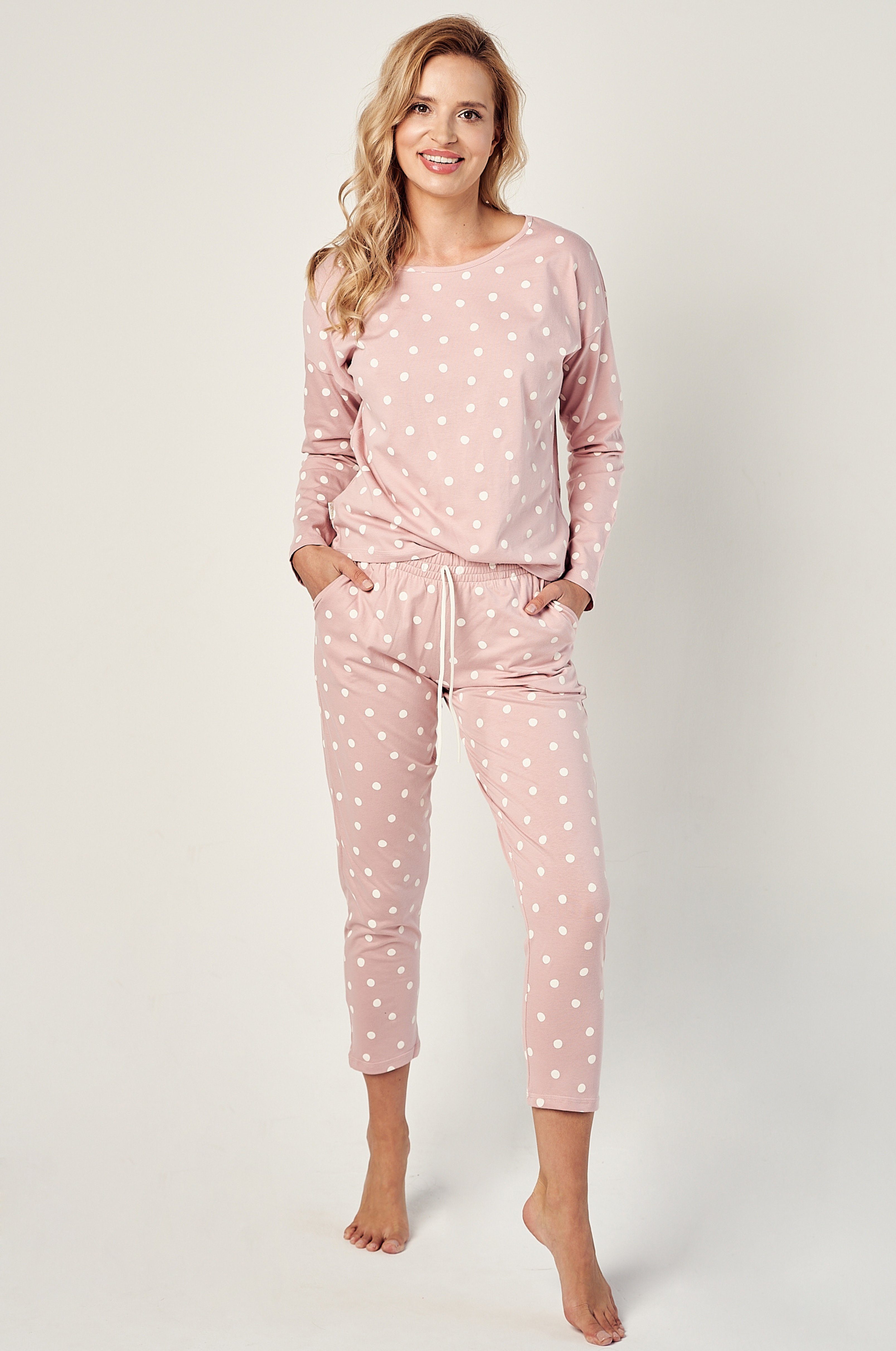 Mademoiselle Sommeil Capri-Pyjama 3/4-Schlafanzug mit langarm Oberteil in altrosa mit Punkten (2 tlg)