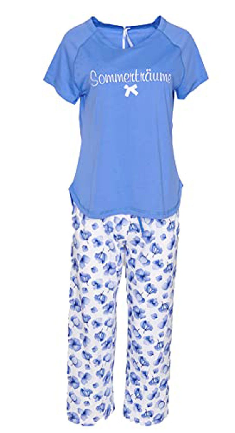 Schlafanzug Louis & Louisa Damen Pyjama Capri blau allover